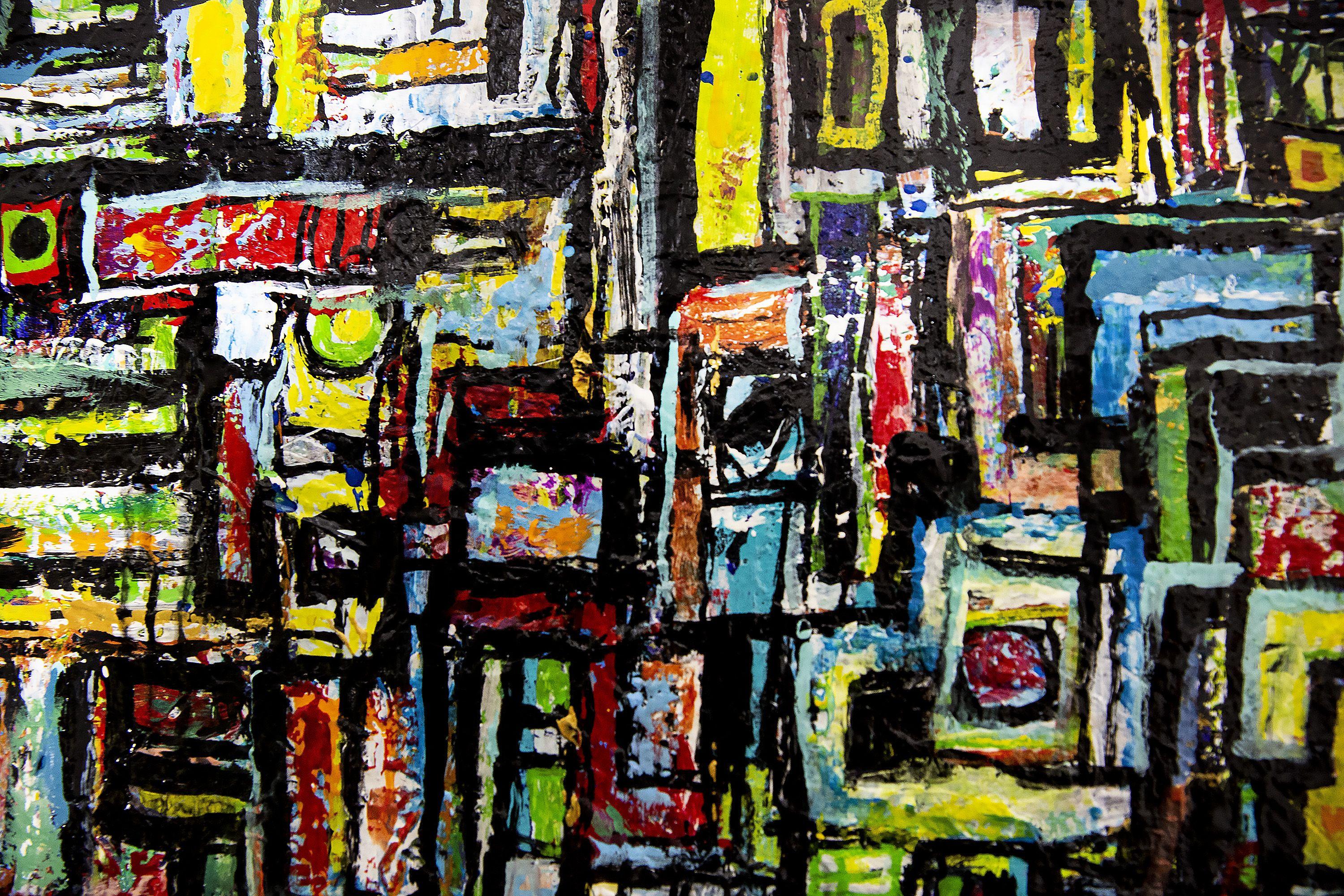 Camion e treni, Pittura, Acrilico su tela - Painting Astratto di Robert Musser