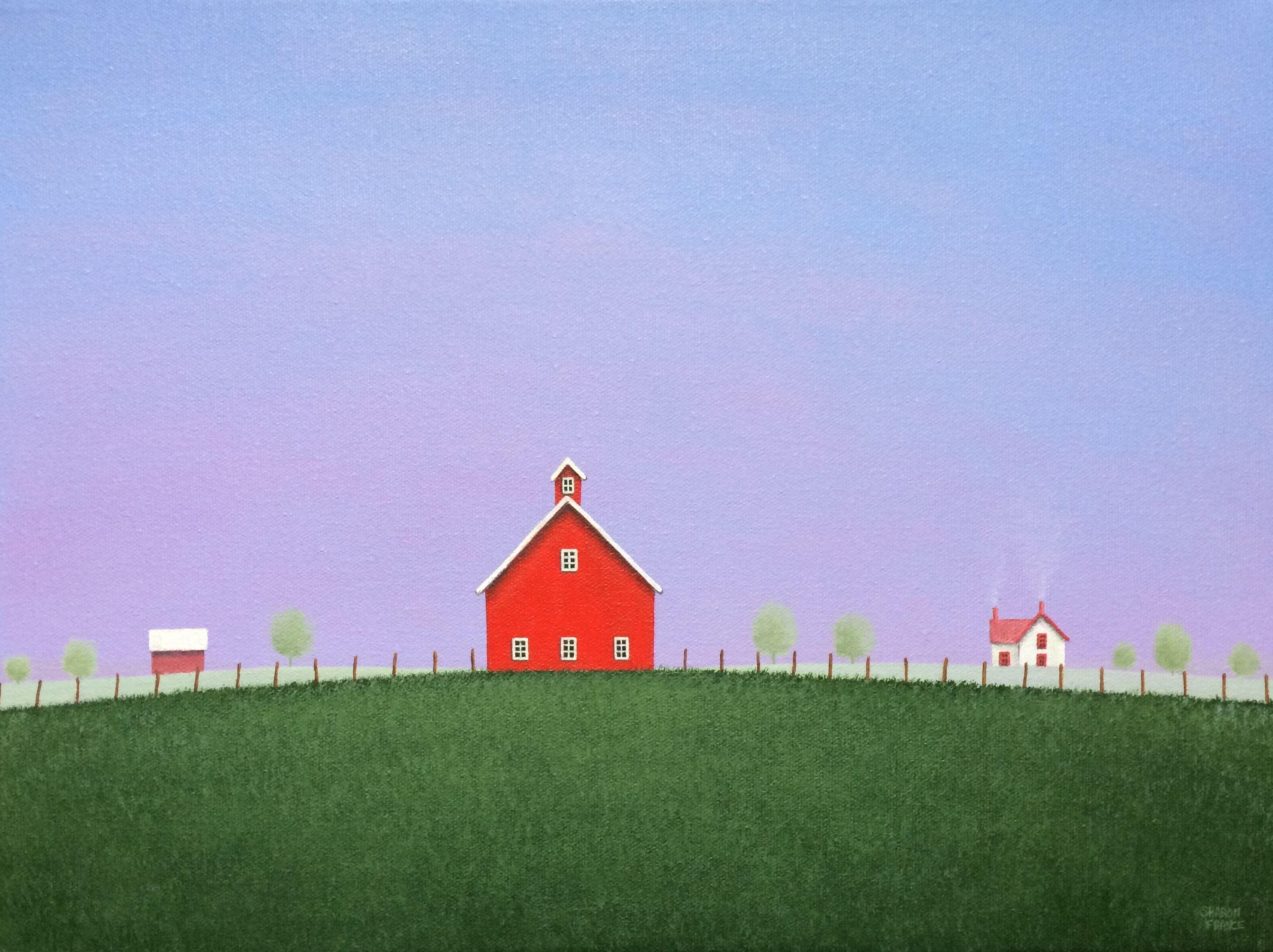 I painted this minimal farm scene of an old red barn and white farmhouse, with a deep pastel sky and green summer pasture. I wanted to give a feeling of peacefulness in this simple landscape painting. The canvas wrapped sides are painted to match