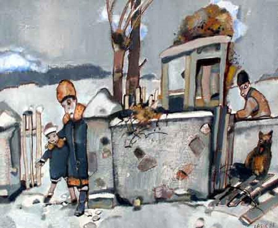 Paweł Lasik Figurative Painting - Winter - XX century, Oil figurative painting, Earth tones