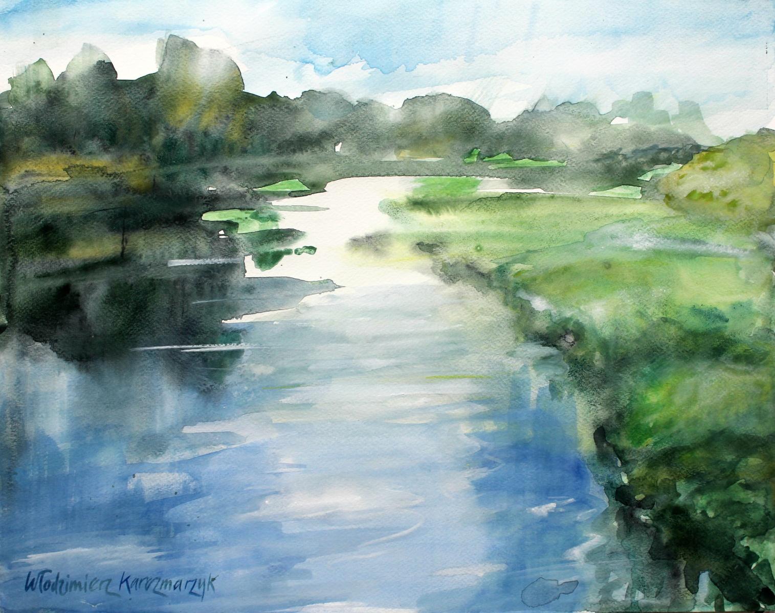 Włodzimierz Karczmarzyk Landscape Art - Near the Ostroda - calm water - XXI century, Watercolor painting, Landscape