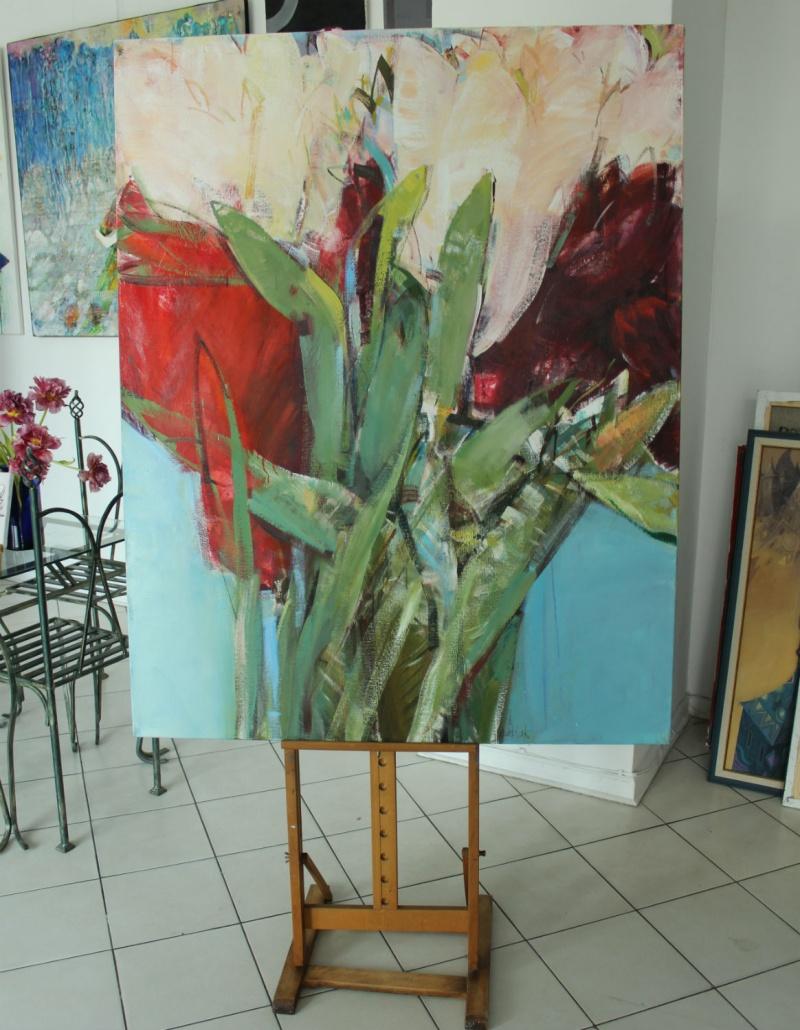 Triptych I - XXI century, Oil painting, Abstract-figurative, Flowers - Painting by Bożena Lesiak
