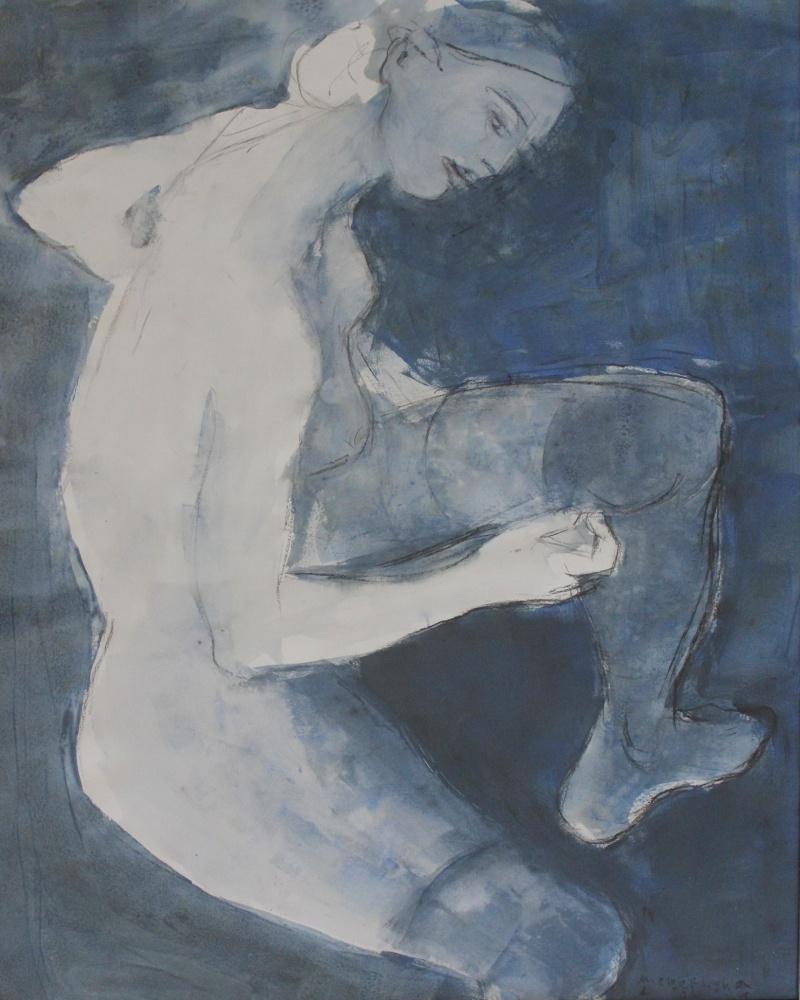 Anna Mierzejewska Figurative Print - Nude - Contemporary art, Gouache, tempera nad mixed media, blue