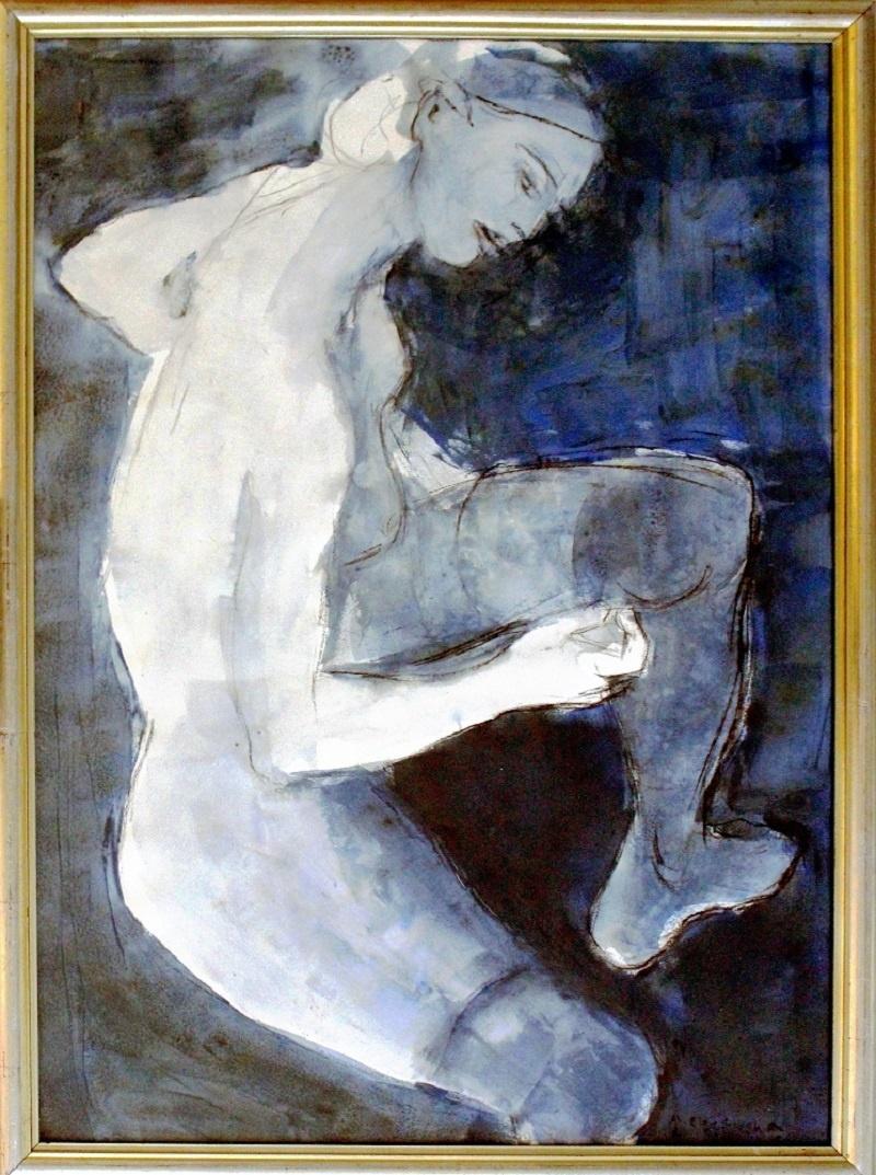 Nude - Contemporary art, Gouache, tempera nad mixed media, blue - Print by Anna Mierzejewska