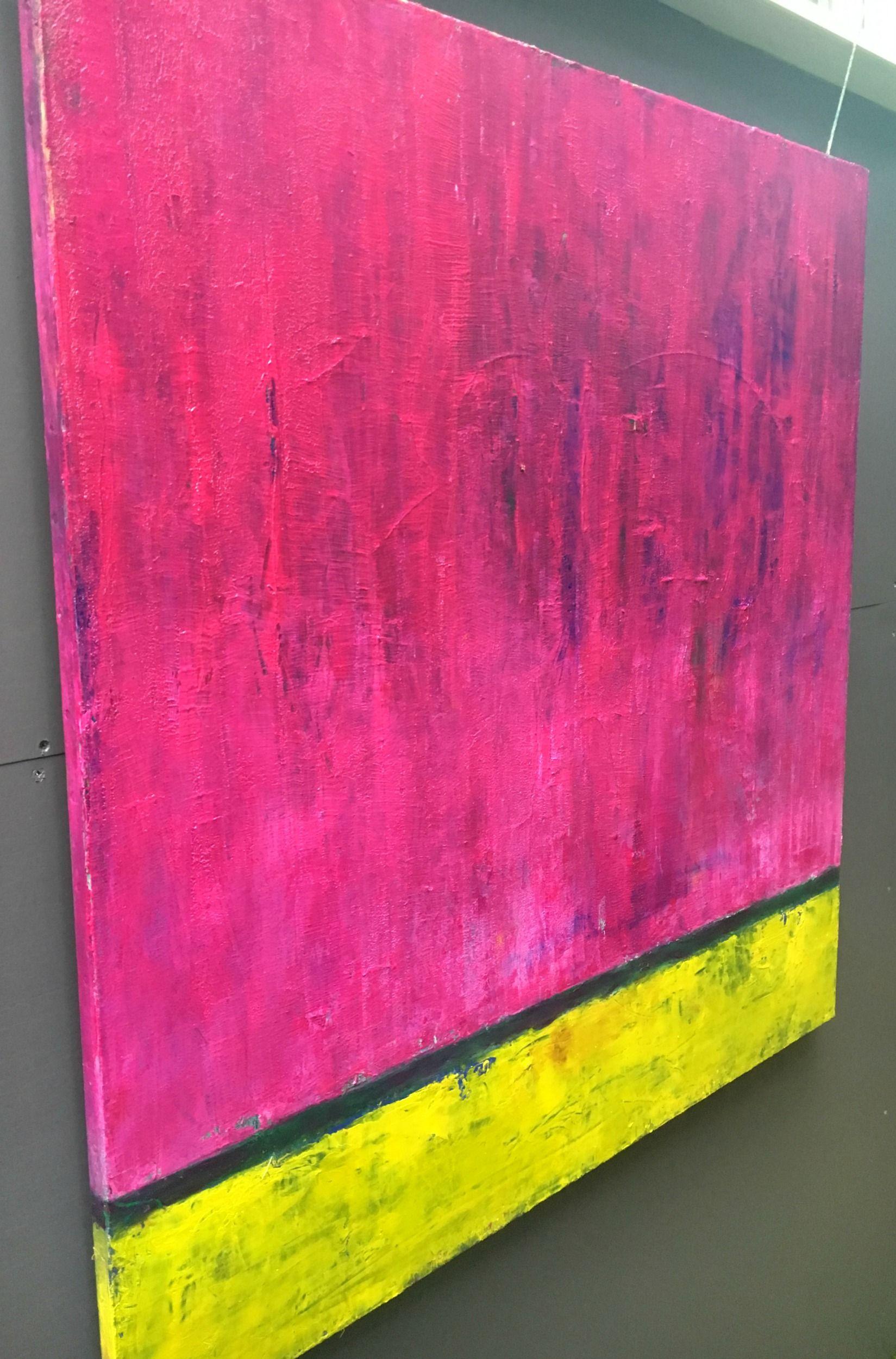 A large, abstract oil painting built over many layers of oil that would make a statement piece in any room that invites colour. Magenta, purple, green and yellow combine to vibrant effect reflecting a joyful and playful mood.    The canvas has hooks