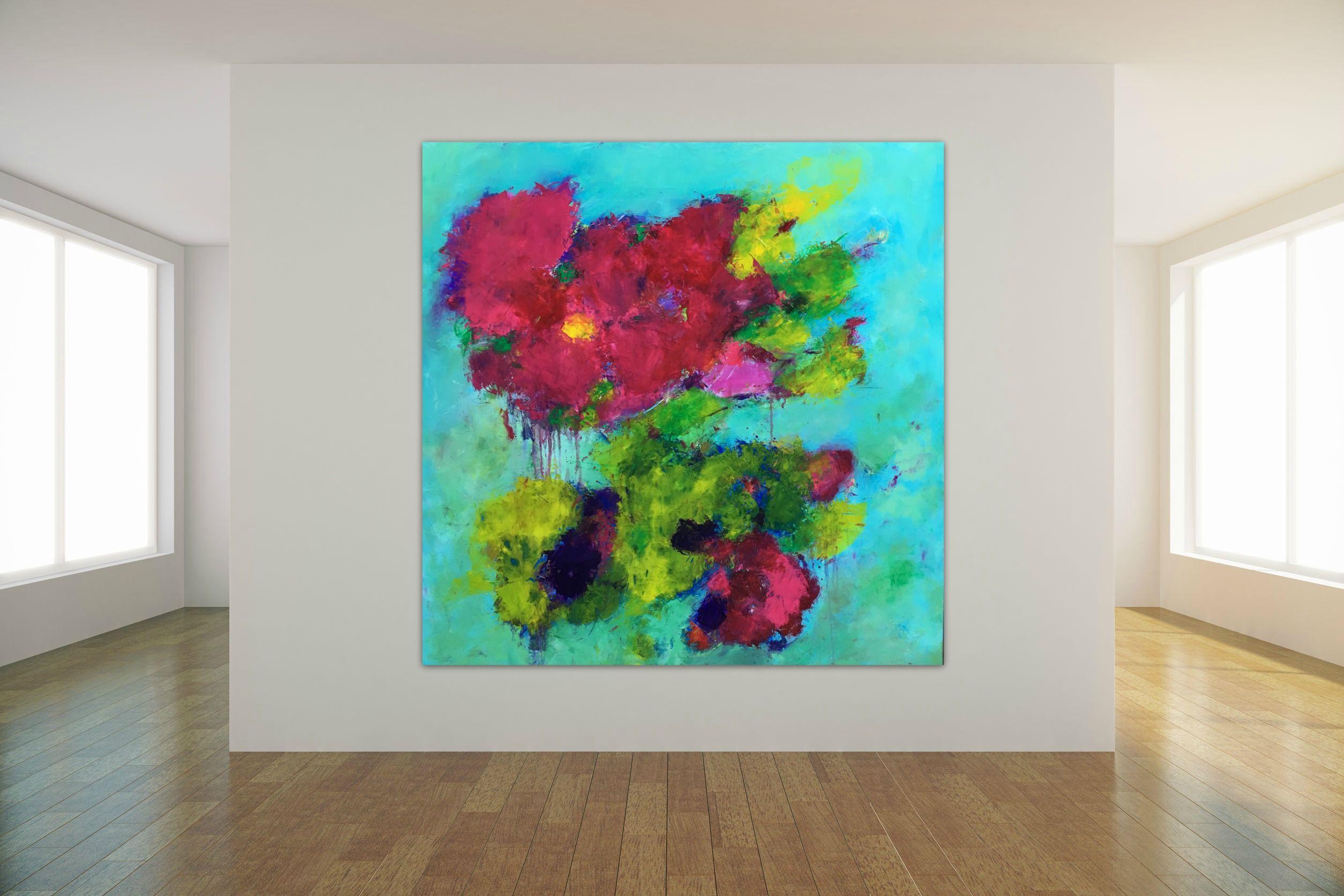 A large abstract floral painting with several layers of oil glazes. The painting was inspired by a recent visit to the beautiful island of Madeira where we stayed in a botanical garden surrounded by a riot of colour. Magenta, red, orange, purple and