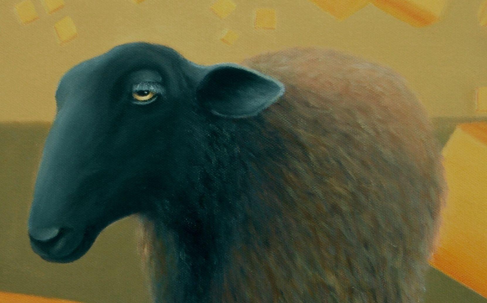  This painting came from my imagination, of a quiet sheep surrounded by floating blocks or the sometimes seemingly jumble of life!  This oil painting is done on gallery wrap canvas, with the sides painted to match , wired to hang so that no framing