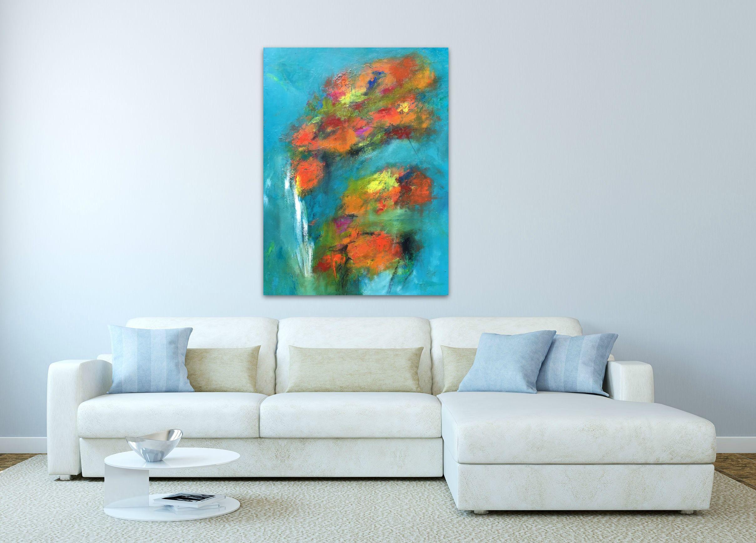 A vibrant, colourful abstract floral painting experimenting with mixed media (acrylic, charcoal, oil pastels and oil). The painting has been built with different layers of paint starting with an acrylic underpainting. I then added another layer with