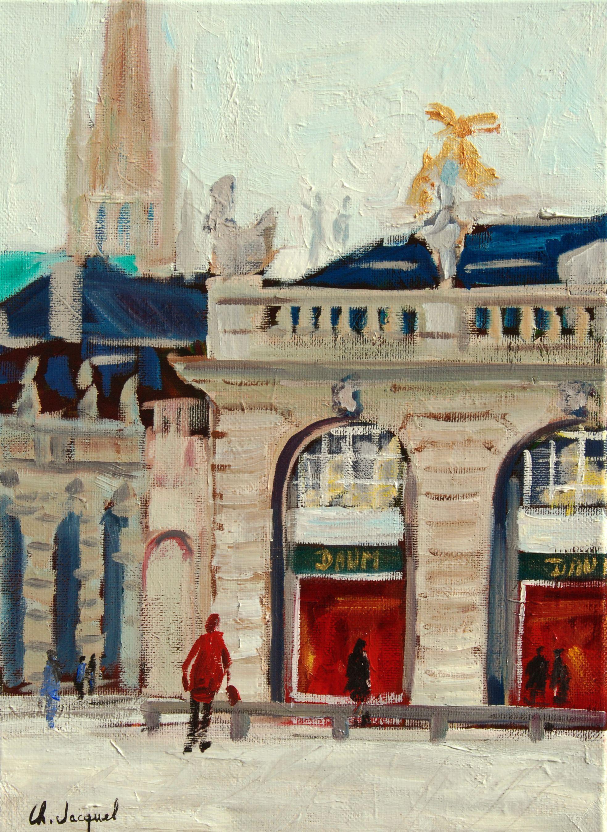 Original oil painting of the Place Stanislas with view on the Saint-Epvre basilica, some walkers walk to the Daum shop. It is a painting on canvas stretched on a frame. It is painted with professional quality oil paints resistant to light. The edges