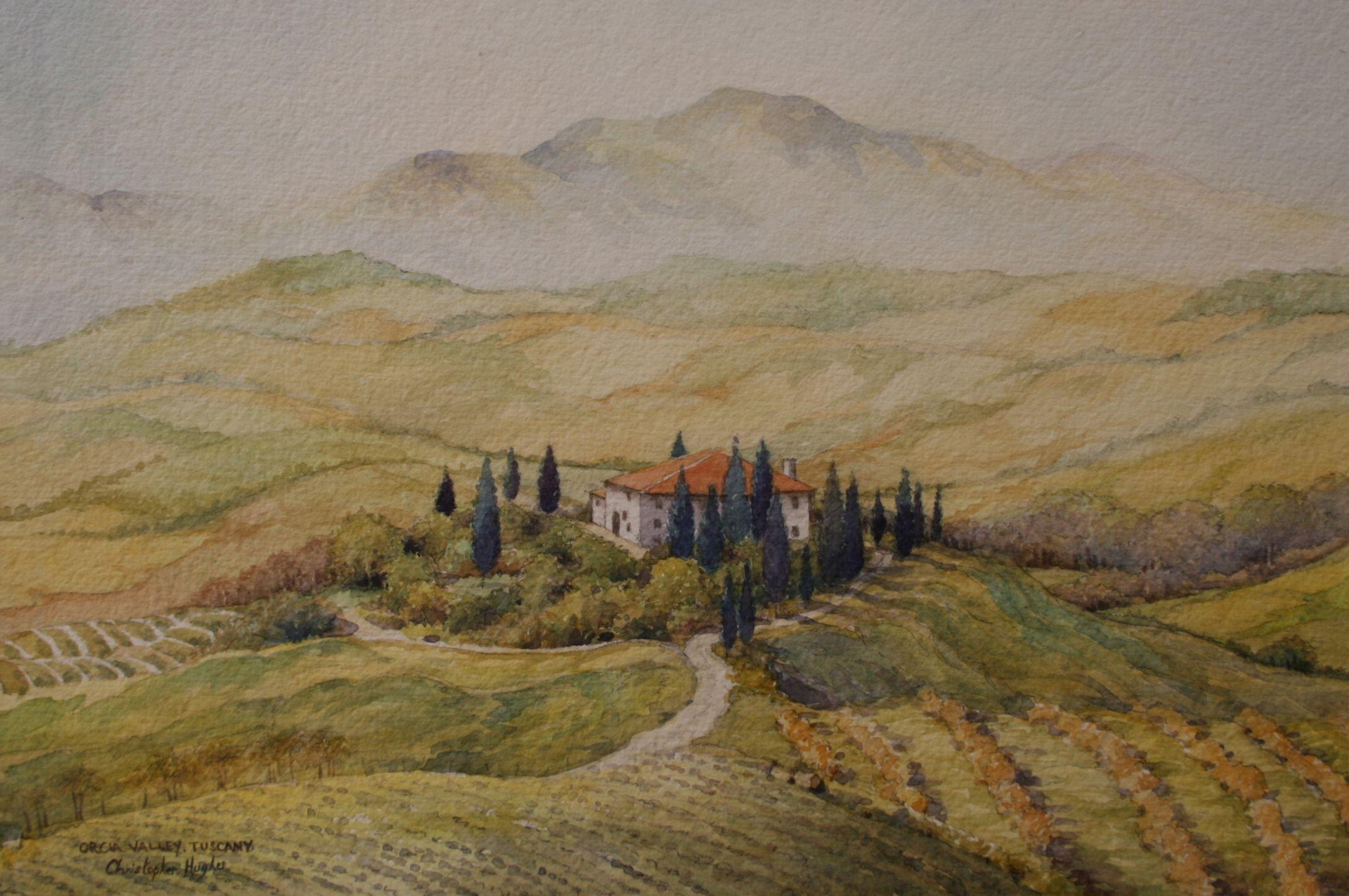 Tuscany.Orcia Valley, Painting, Watercolor on Watercolor Paper - Art by Christopher Hughes