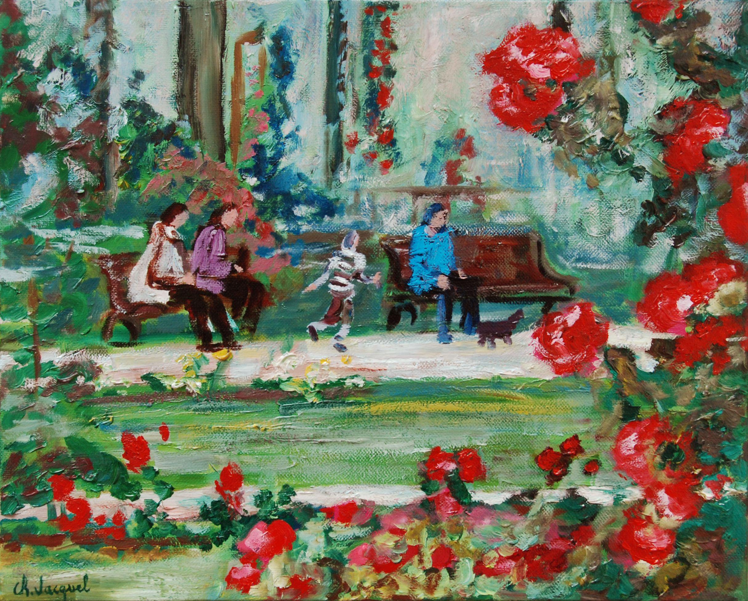 Peinture à l'huile - Le jardin de roses - Nancy, huile sur toile - Painting de Christine Jacquel