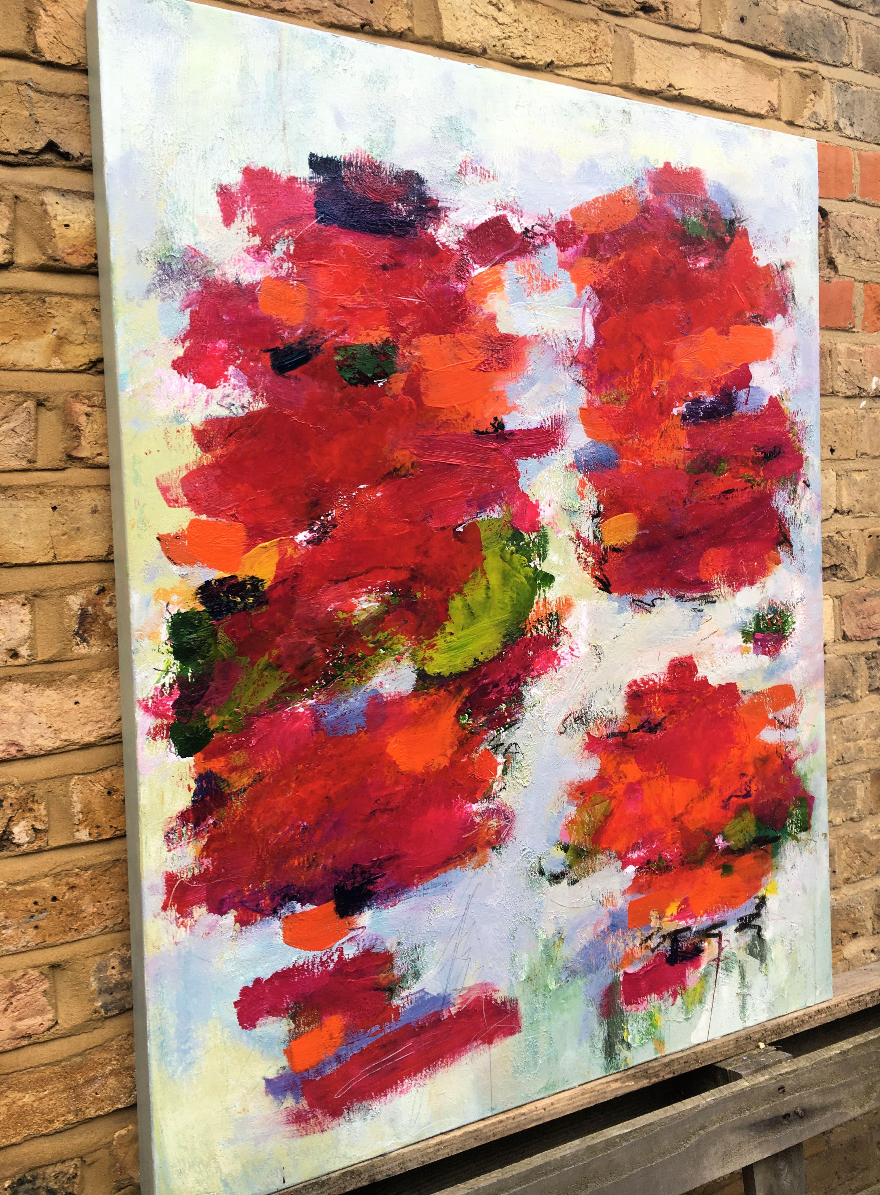 A vibrant, colourful abstract painting inspired by the beauty of flowers. Acrylic has been applied with a palette knife and brushes over many layers of thin glazes lending luminosity and depth to the painting. Coal and pencil add dynamic touches.