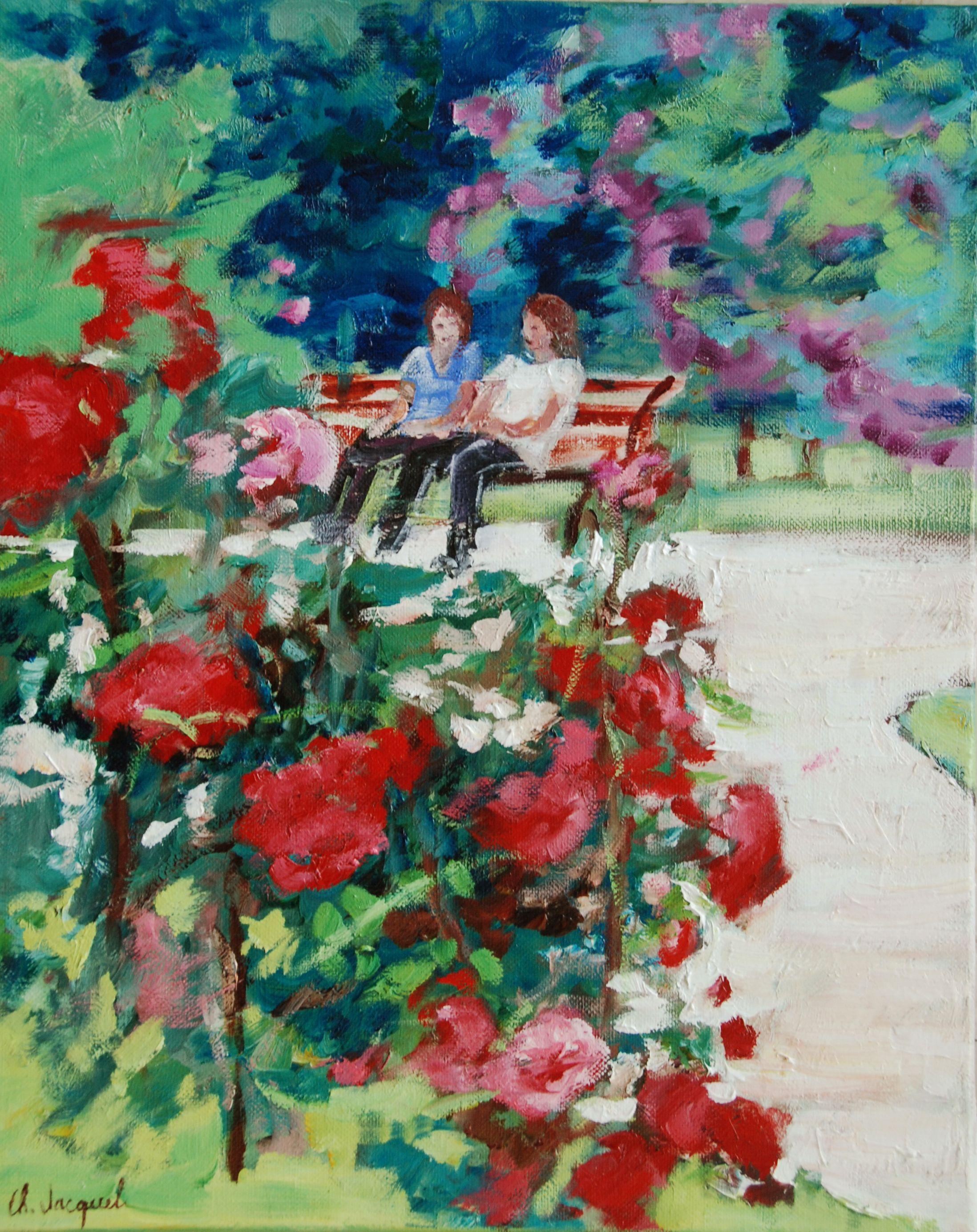 Original oil painting on canvas of walkers in a public garden in France during flowering roses, people sitting on a bench. Painting the rose garden in a public garden in Nancy. :: Painting :: Impressionist :: This piece comes with an official