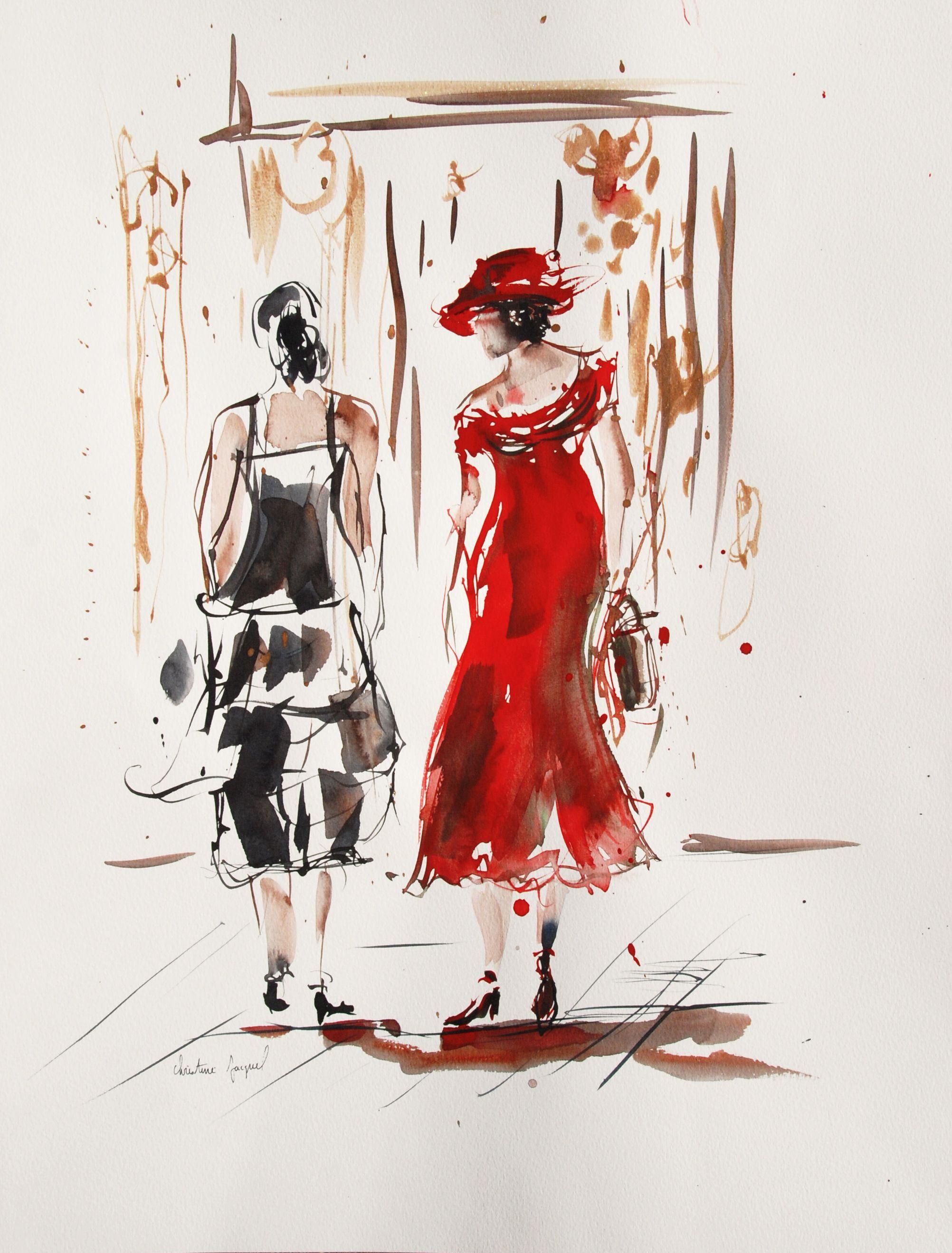 Original watercolor of two women in dress, Painting, Watercolor on Paper - Art by Christine Jacquel