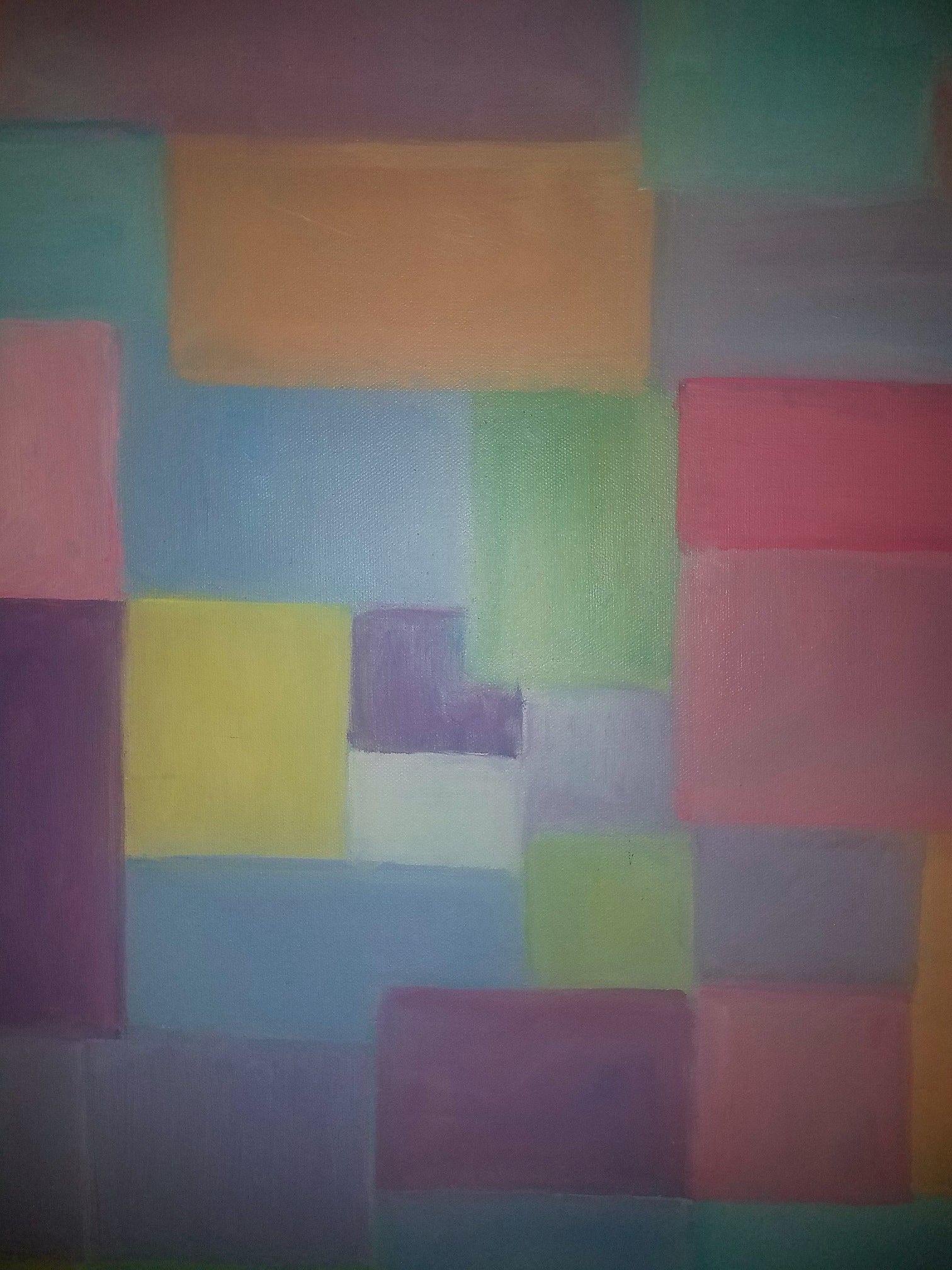 Patchwork, Painting, Oil on Canvas - Gray Abstract Painting by Christine Frisbee