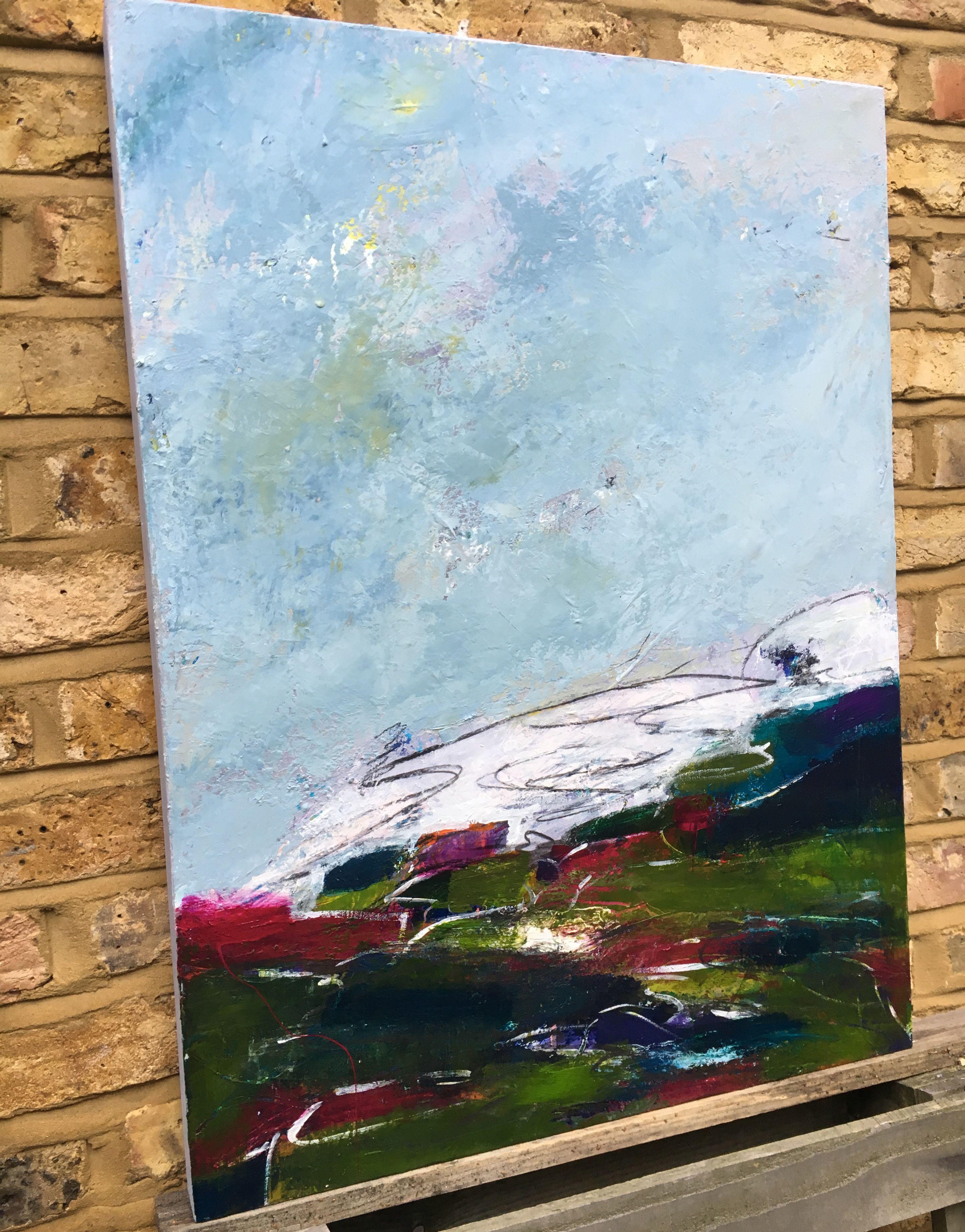 An abstract landscape painting inspired by mood rather than imagery. The painting was built over many colour washes of acrylic glazes with charcoal and pencil lines added.    The box canvas has been painted around the edges in a complementary