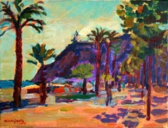 Un point de vue. Petite peinture à l'huile de paysage, bord de mer, colorée, artiste polonais