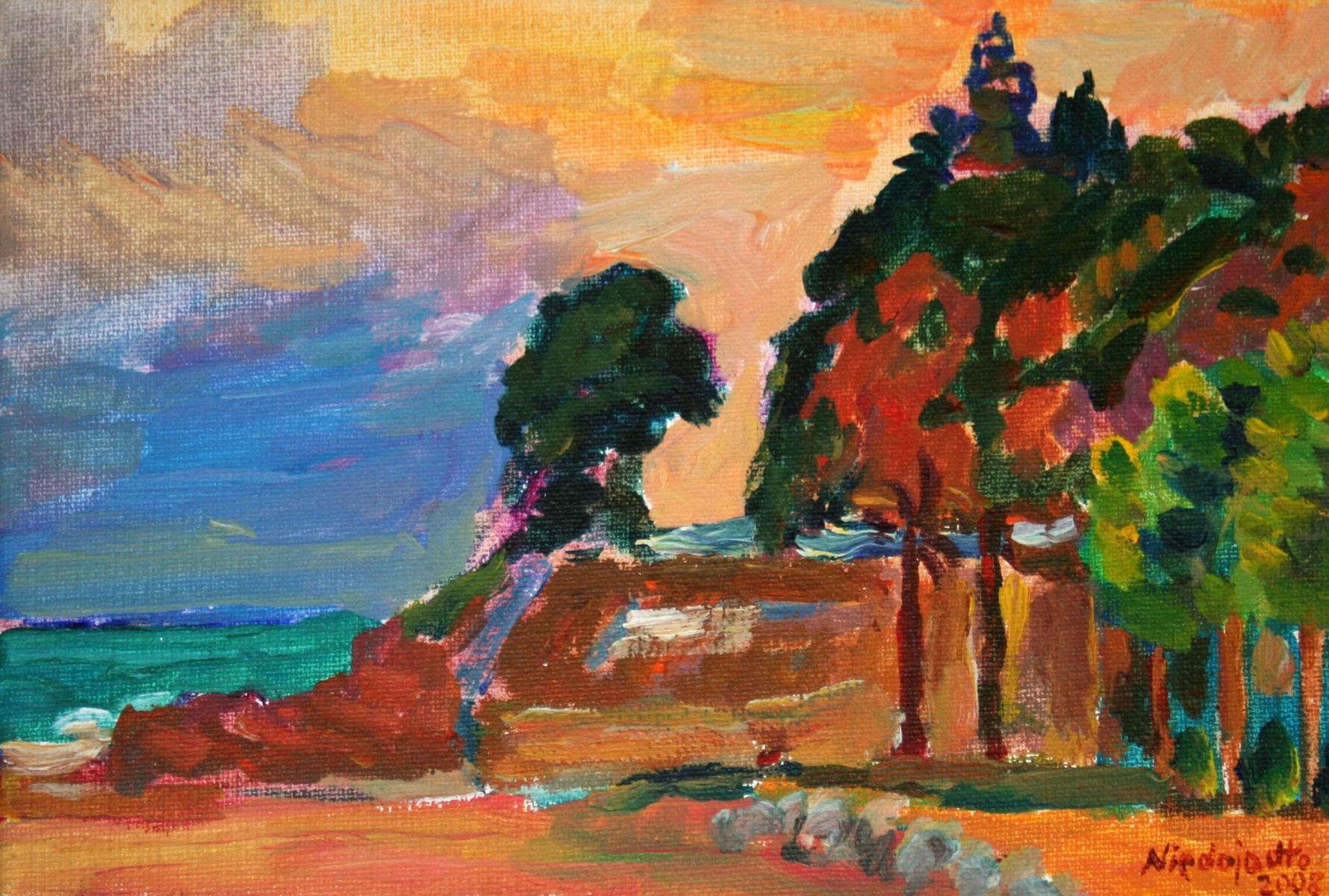 Marek Niedojadło Landscape Painting - Spanish landscape - Small oil landscape painting, Colourful, Seaside, Polish art