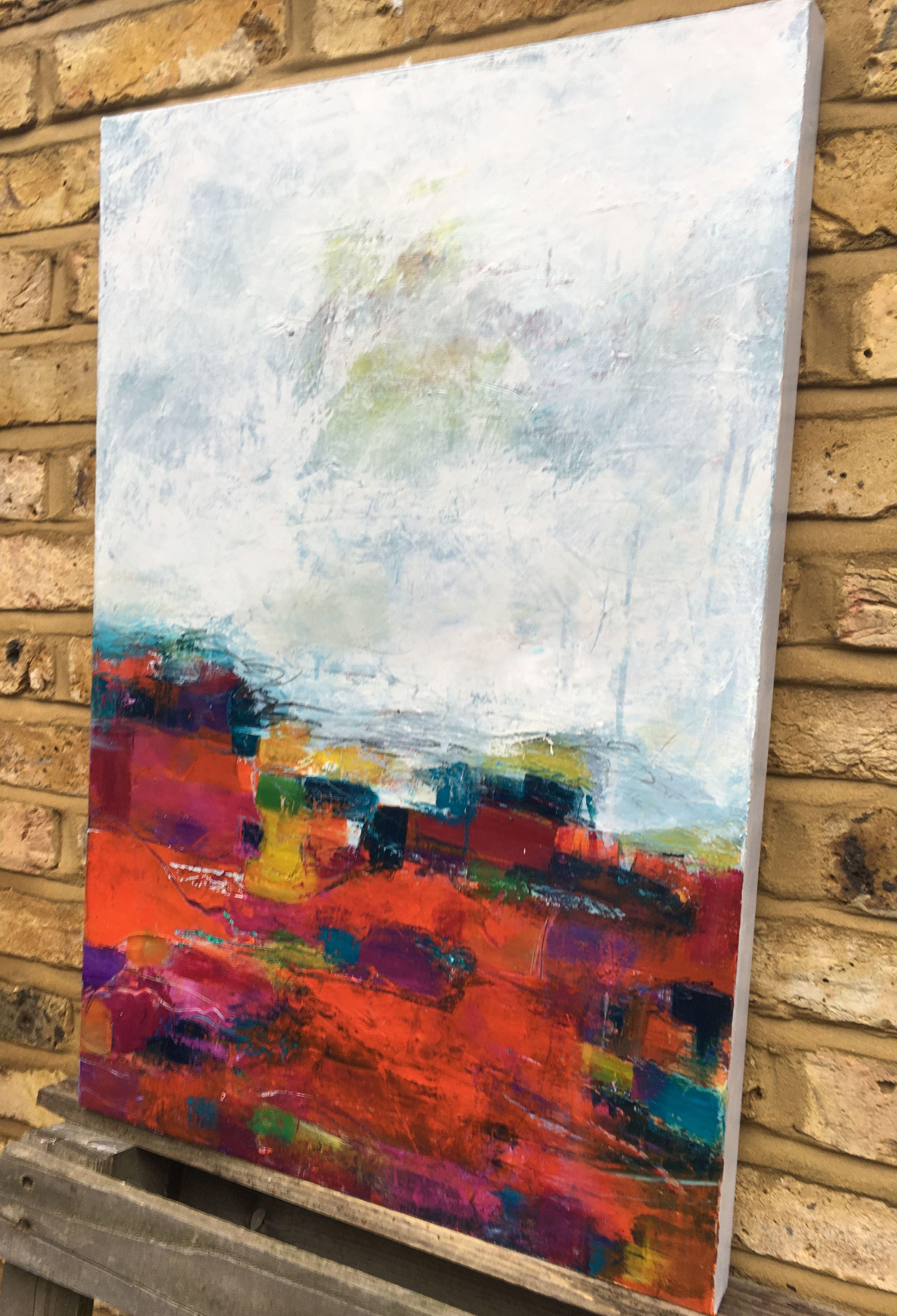 An abstract landscape painting inspired by mood rather than imagery. The painting was built over many colour washes of acrylic glazes with charcoal and pencil lines added.    The box canvas has been painted around the edges in a complementary