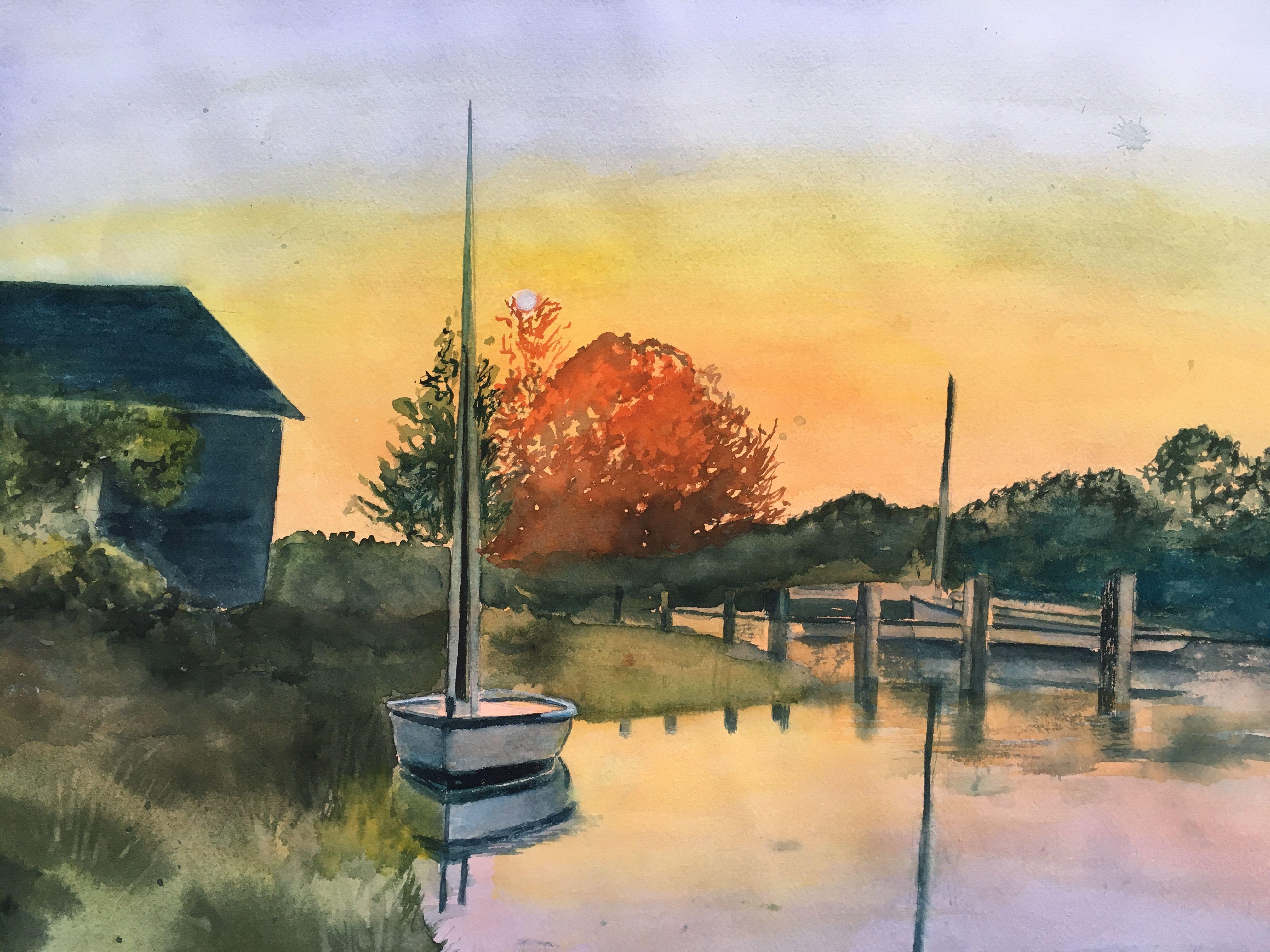 Velero Hart Harbor, Pintura, Acuarela sobre papel - Art de Lynne Atwood