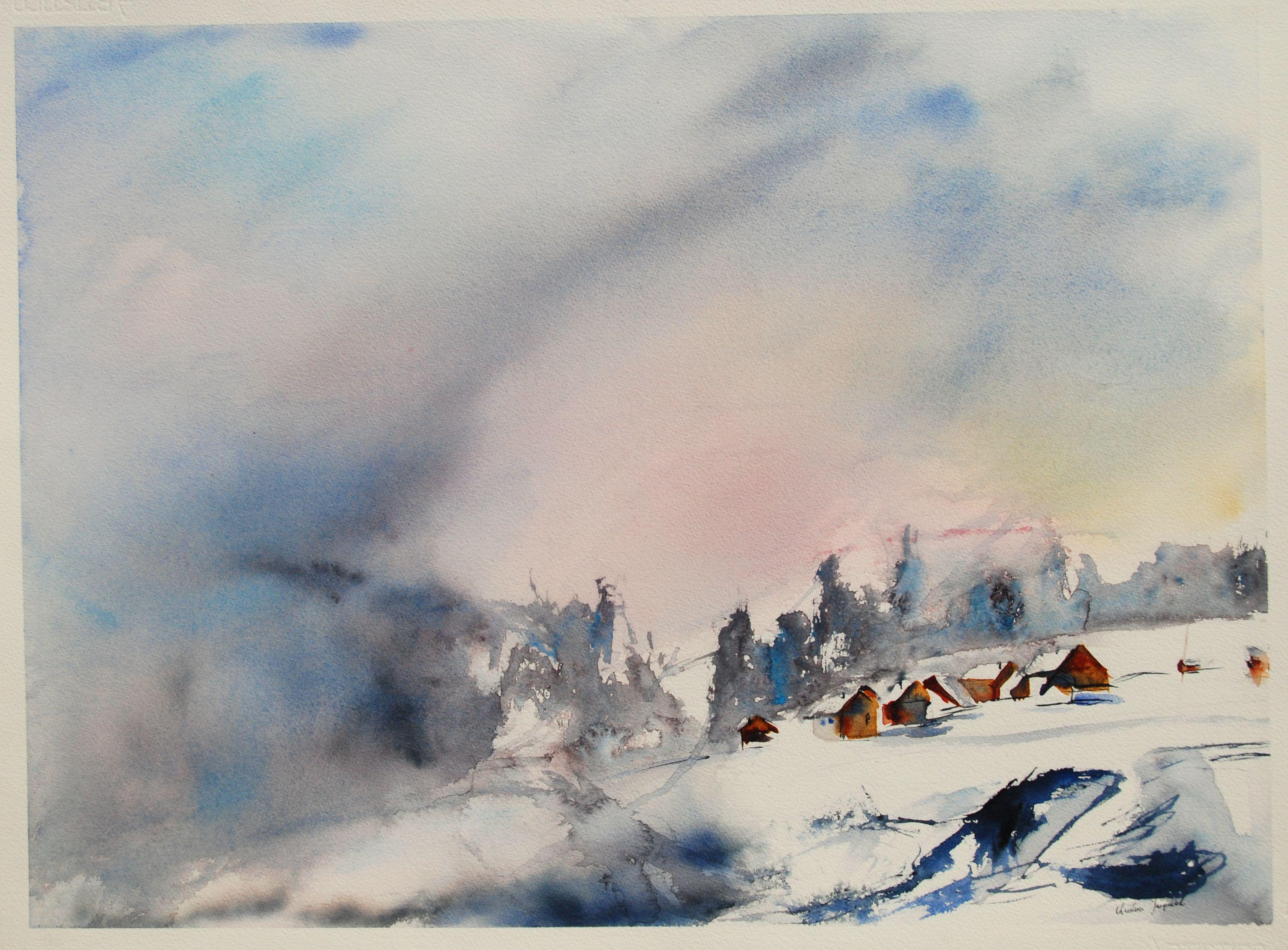 Original watercolor of a mountain landscape., Painting, Watercolor on Paper - Art by Christine Jacquel