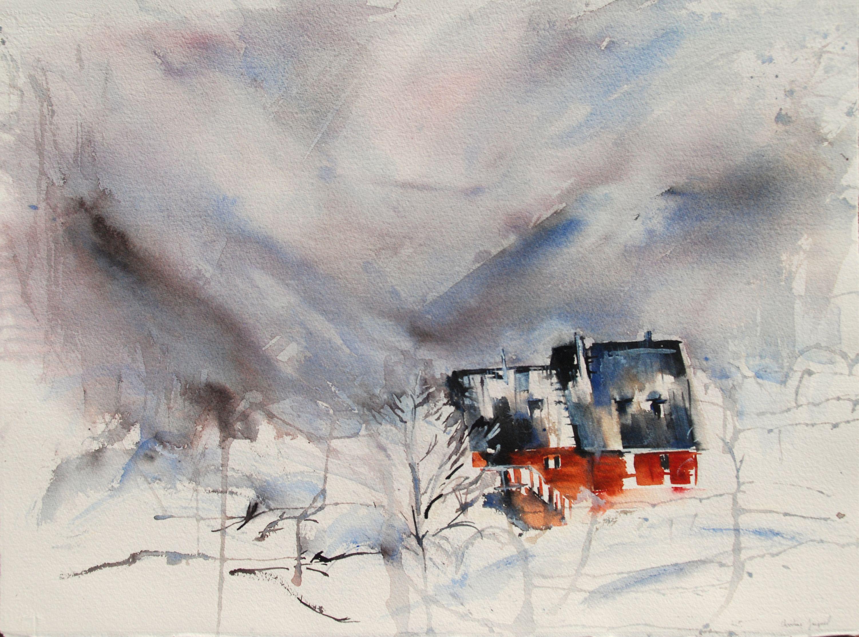 Watercolor of a mountain landscape in winter., Painting, Watercolor on Paper - Art by Christine Jacquel