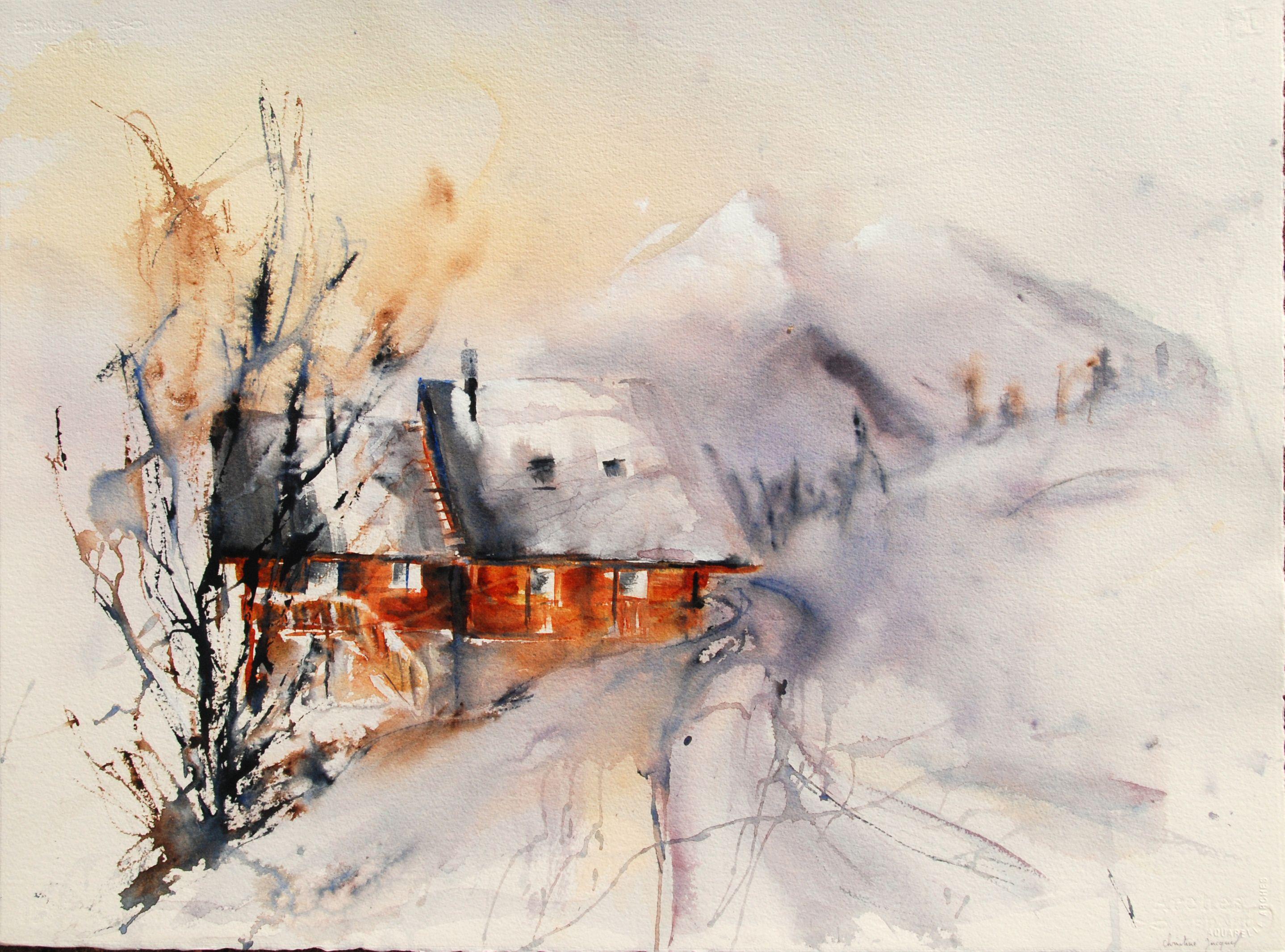 Original watercolor of a cottage in winter montage, Painting, Watercolor on Paper - Art by Christine Jacquel