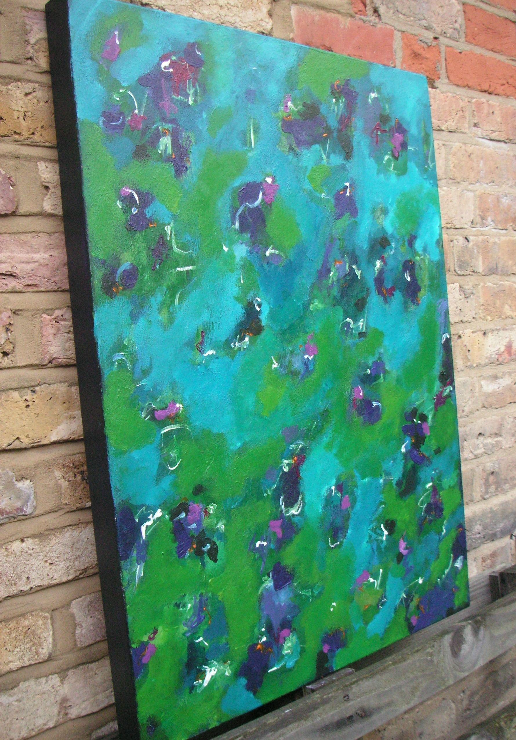 A vibrant abstract painting which I have worked on for quite some time building the painting carefully layer by layer. Strong blues, purples, greens, orange and magenta combine to a colourful, abstract painting inspired by a reflective mood.     The