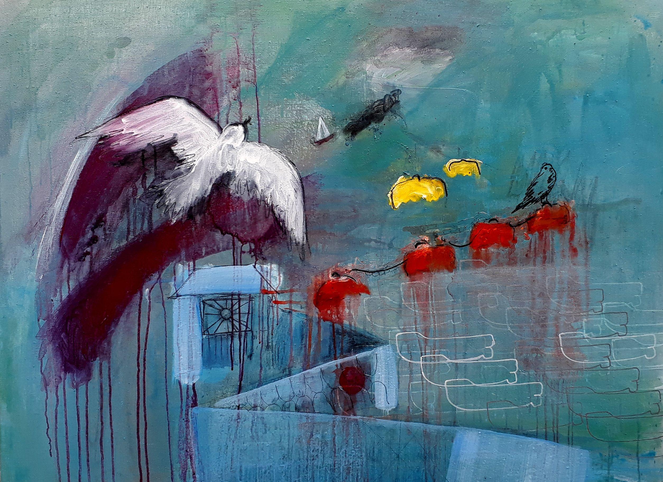 Peinture « Leaving Harbour, Bon Voyage, Sun Pier », acrylique sur toile - Painting de Wendy Smith