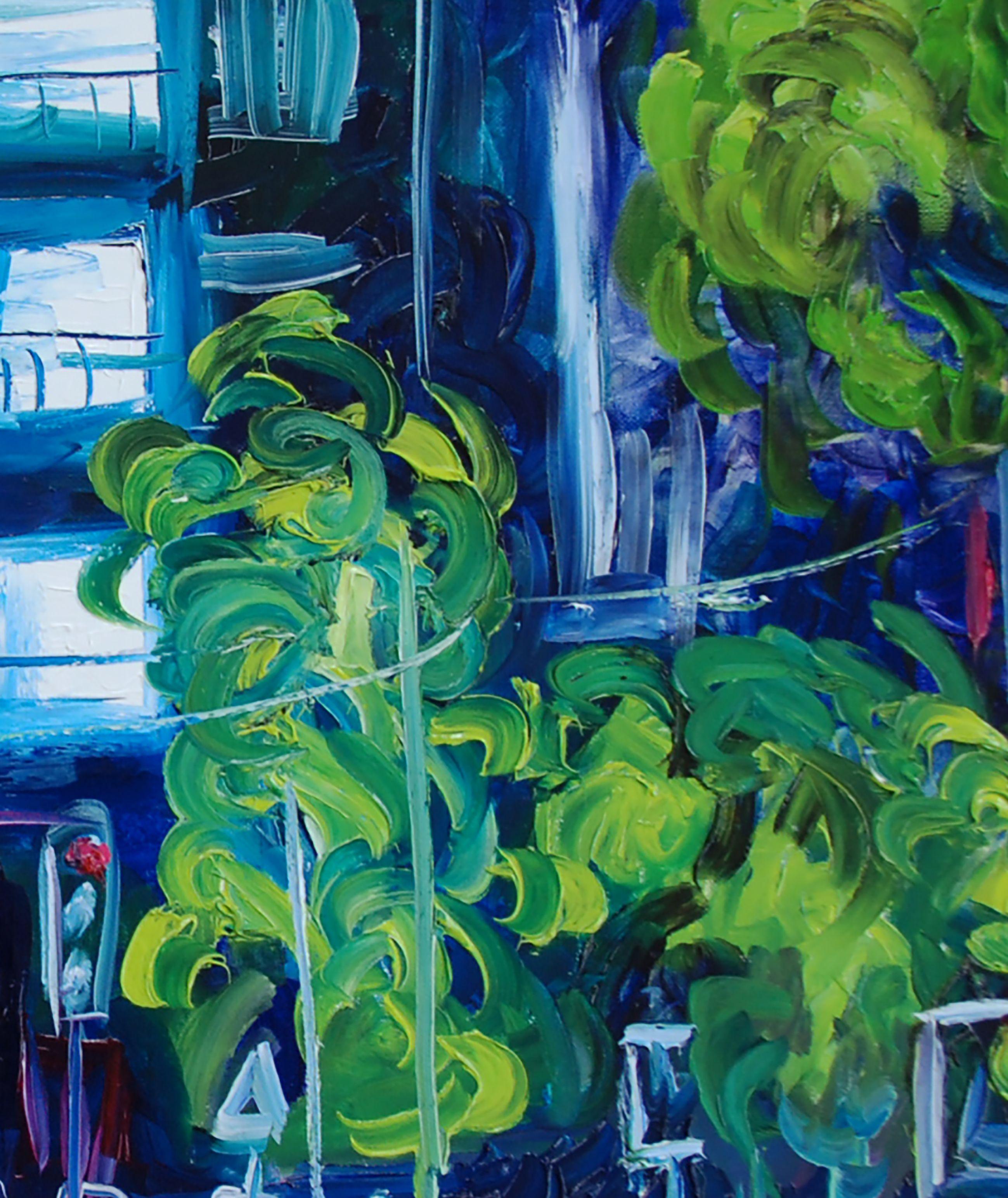 Original oil painting of a blue and green city. It is an oil painting painted with spontaneous, firm and energetic traits with bright colors. It is a modern representation of a street with the tram. :: Painting :: Modern :: This piece comes with an