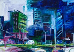 Original oil painting of a modern city, Painting, Oil on Canvas