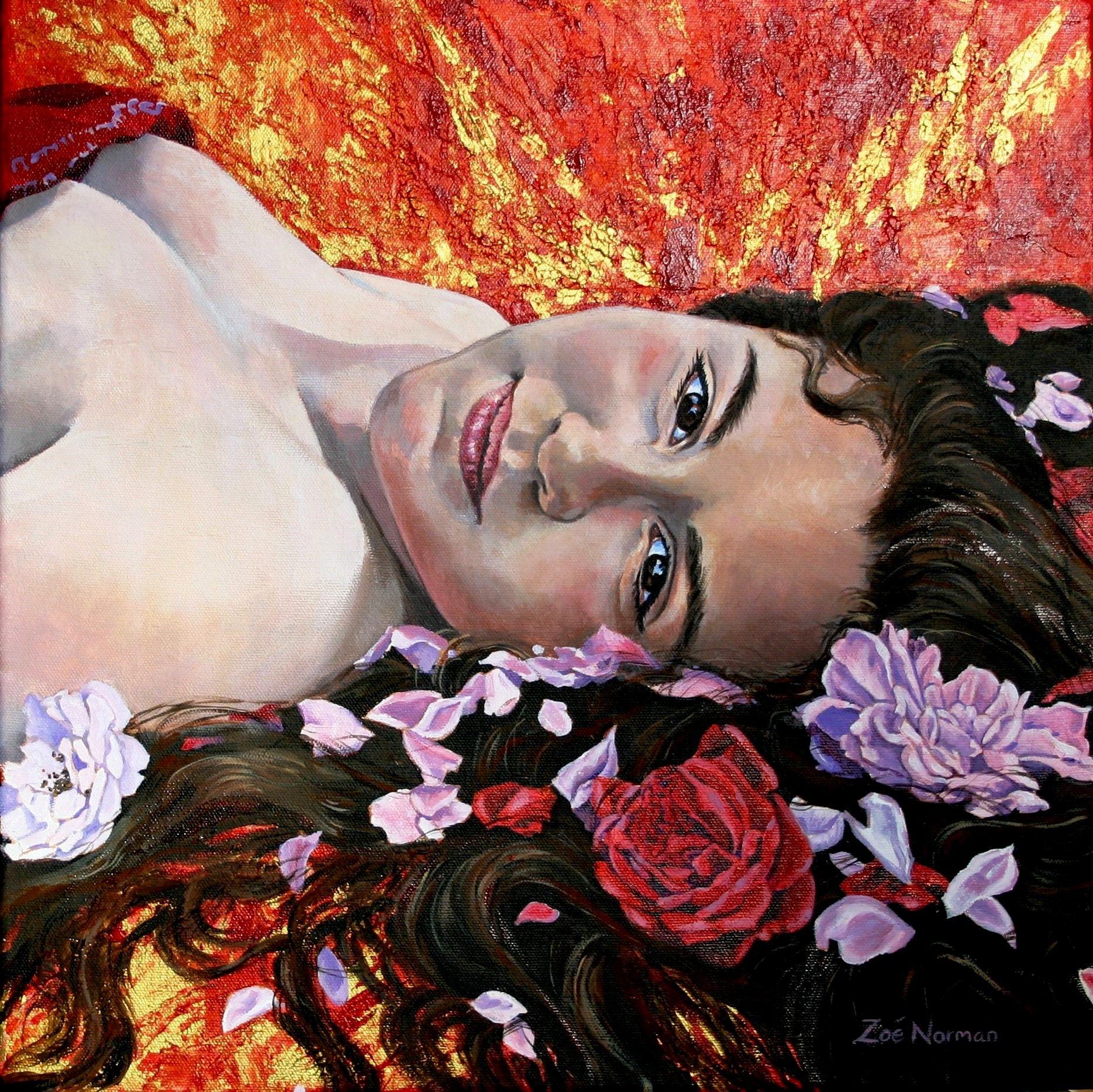 Acrylic and gold painting on stretched cotton canvas.    Reclining young woman laying among rose petals. I was inspired by the Pre-Raphaelite paintings and chose a contemplative but intimate pose to capture the youth and beauty of my model.    This