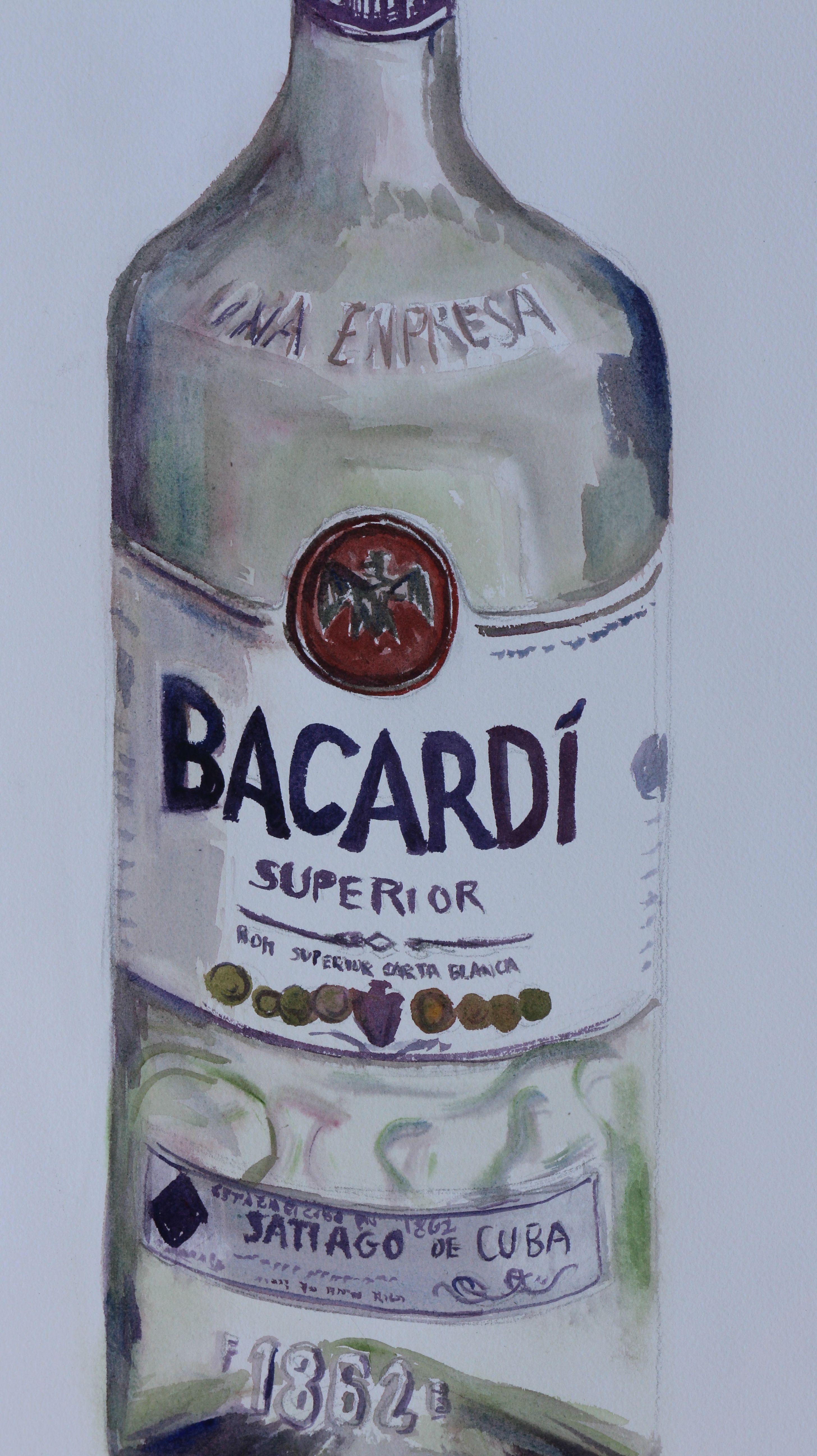 Stilleben einer Flasche Bacardi. Aquarell auf Arches kaltgepresstem 140 lb Aquarellpapier :: Malerei :: Pop-Art :: Dieses Werk wird mit einem offiziellen, vom Künstler unterzeichneten Echtheitszertifikat geliefert :: Bereit zum Aufhängen: Nein ::