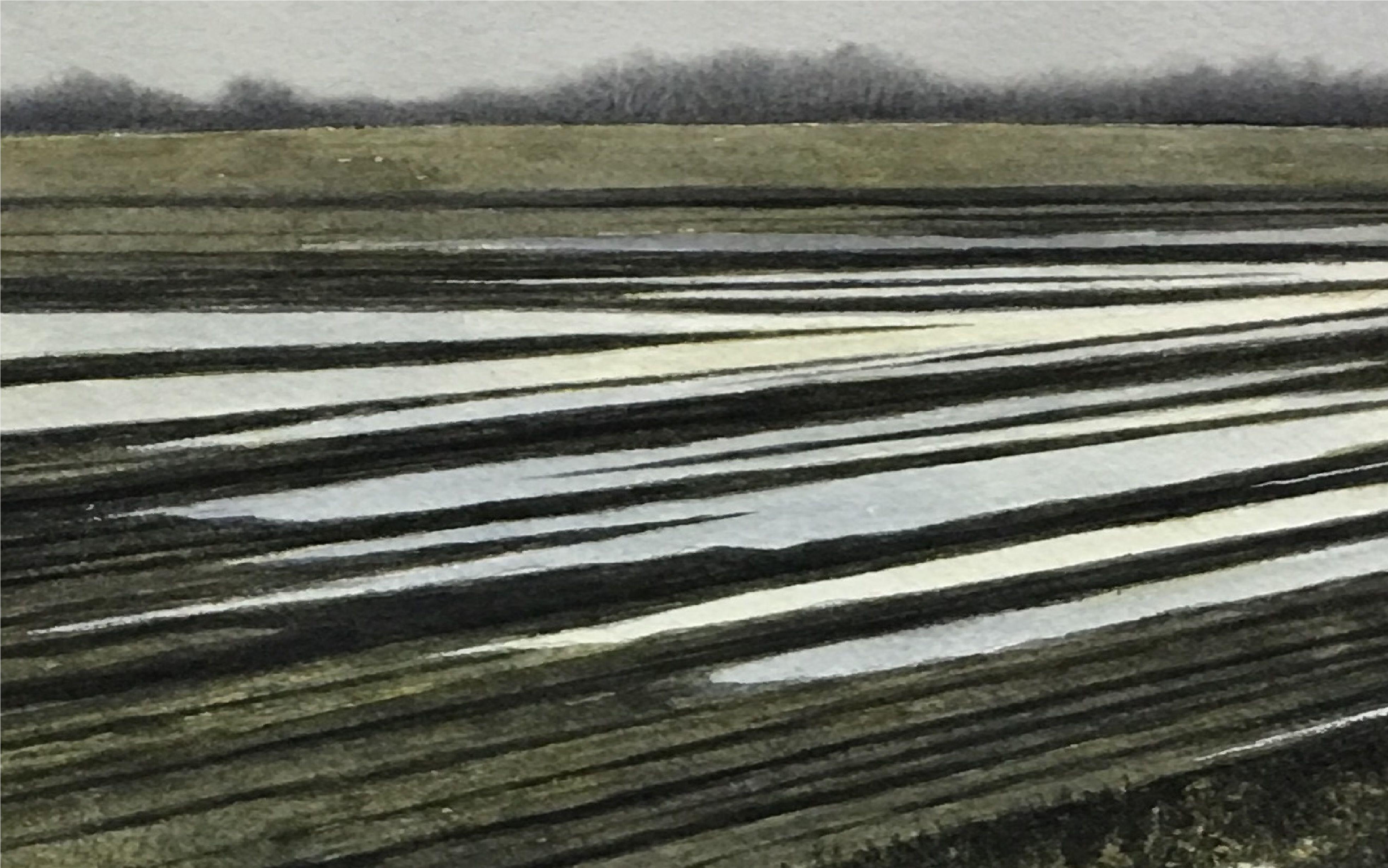 Strong melting snow patterns in a farmers field creating a sense of perspective and distance.  All paintings are completed on 140 to 300lb acid free watercolour paper and using the best artist quality watercolour paints. :: Painting :: Realism ::