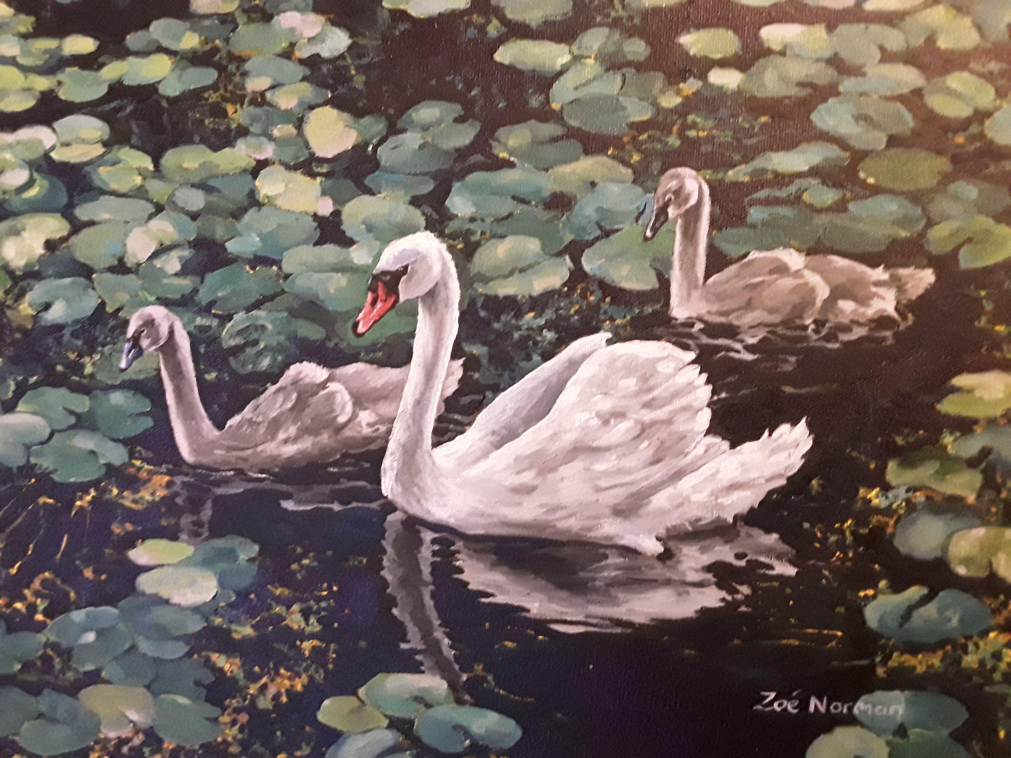 Swan and cygnets tranquilly swimming along the River Nar at Gressenhall, Norfolk.    This painting was completed in the studio from reference photographs taken on location. The painting carries on round all four sides so framing is not necessary and
