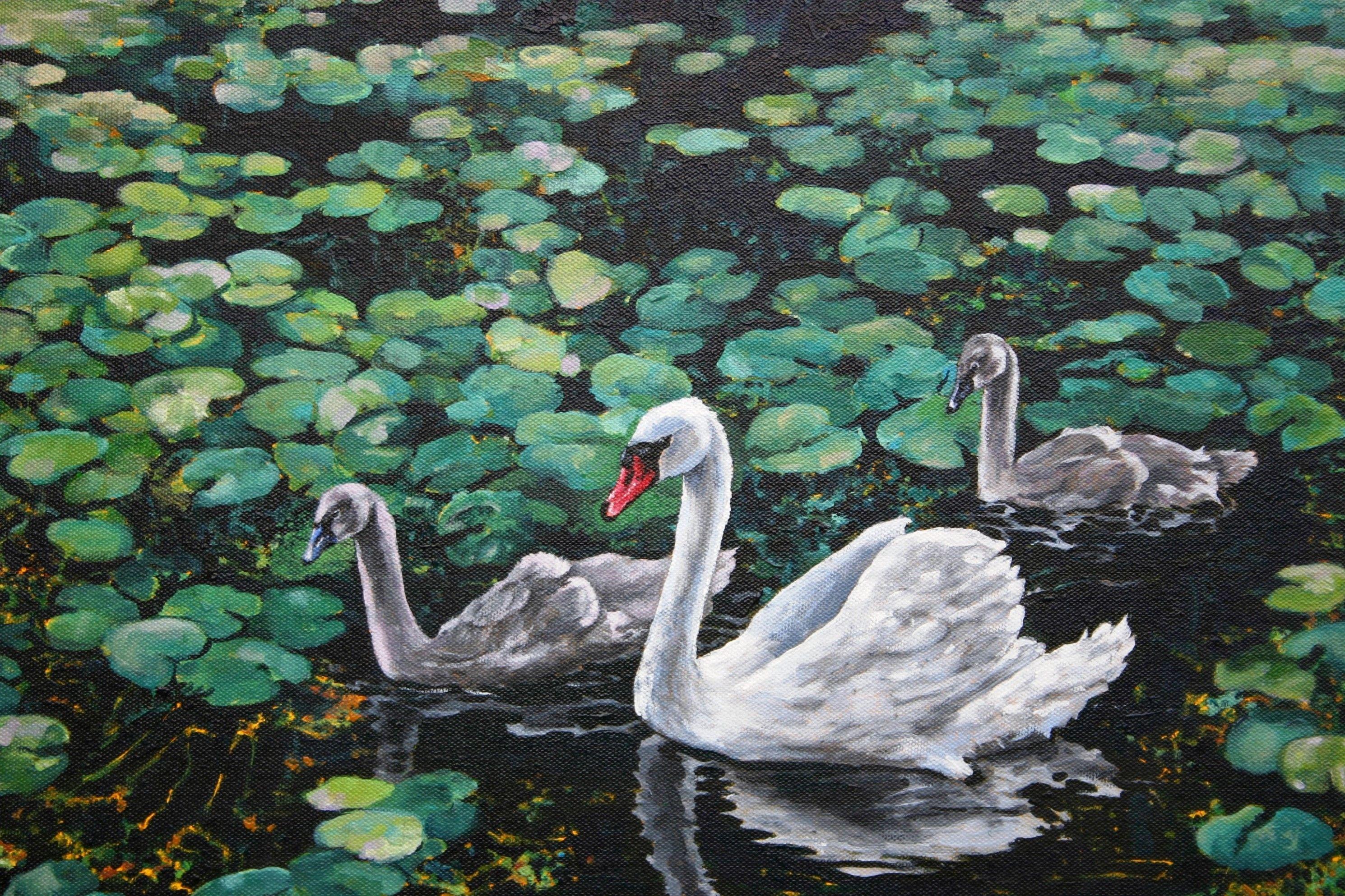 Swan and Cygnets, Painting, Acrylic on Canvas 1