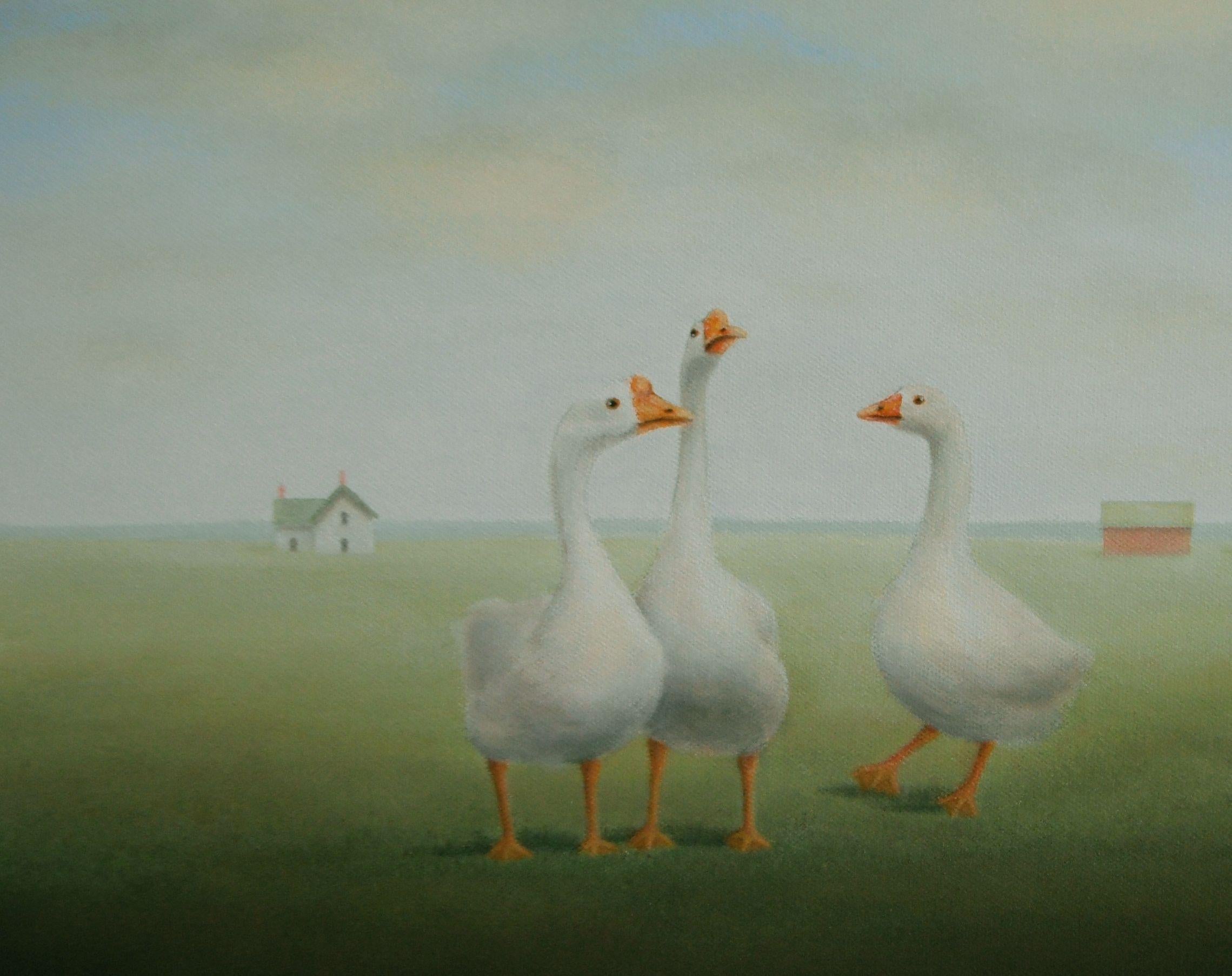 This country landscape scene is from my imagination and was inspired by a trio of geese that I found at a rare breed livestock show a few years ago.  I painted them into a quiet summer farm scene with a traditional old white farmhouse and barn in