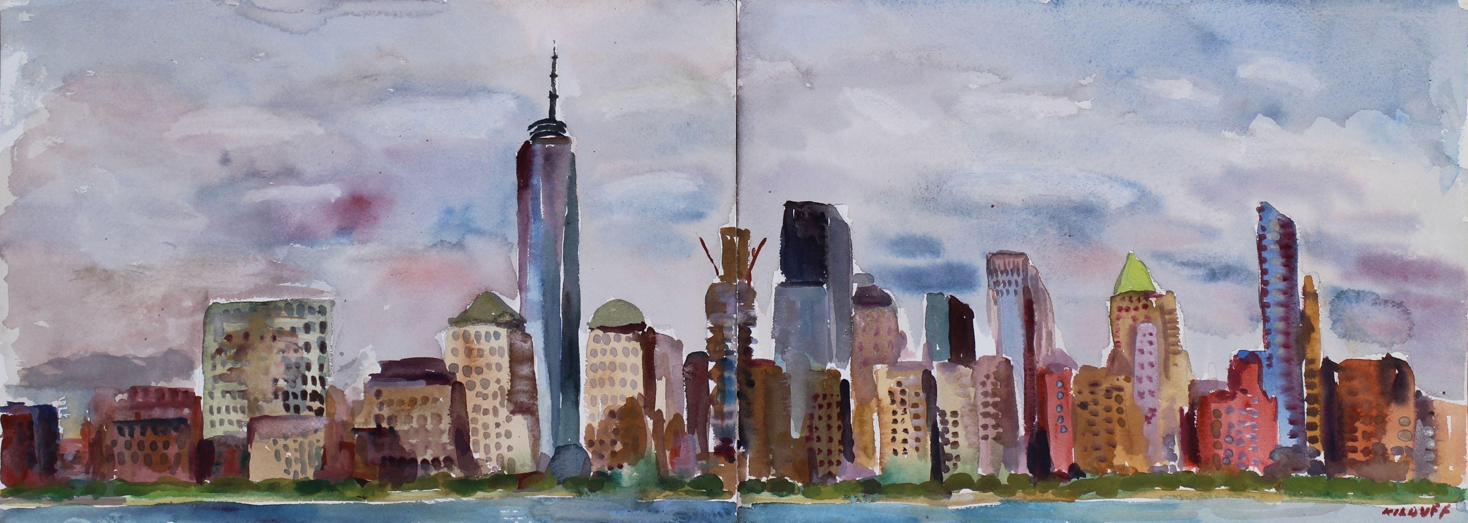 New York Skyline from Jersey City, Painting, Watercolor on Watercolor Paper - Art by John Kilduff