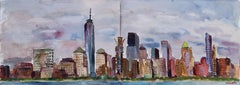 New Yorker Skyline von Jersey City, Gemälde, Aquarell auf Aquarellpapier