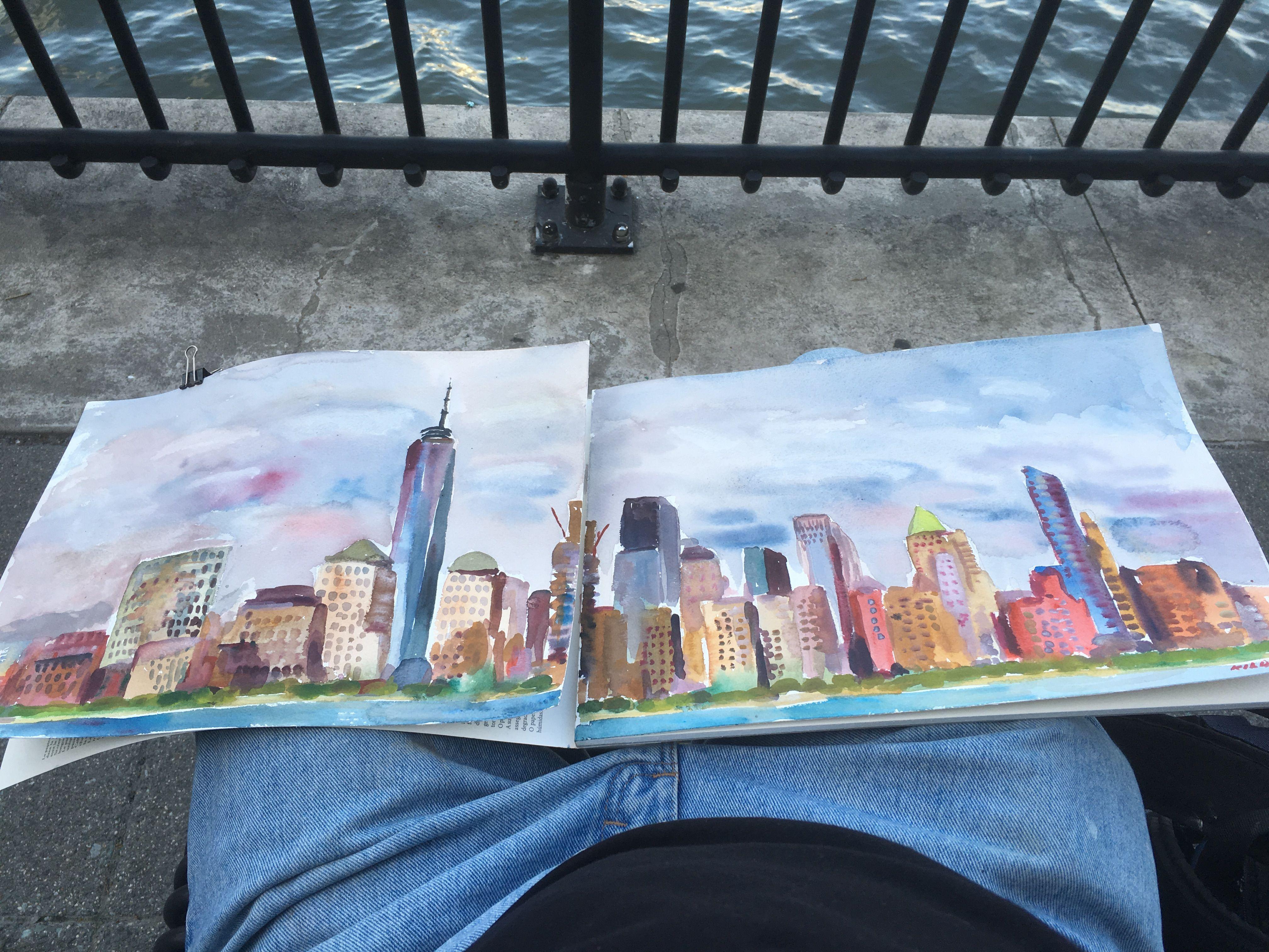New York Skyline from Jersey City, Painting, Watercolor on Watercolor Paper - Impressionist Art by John Kilduff