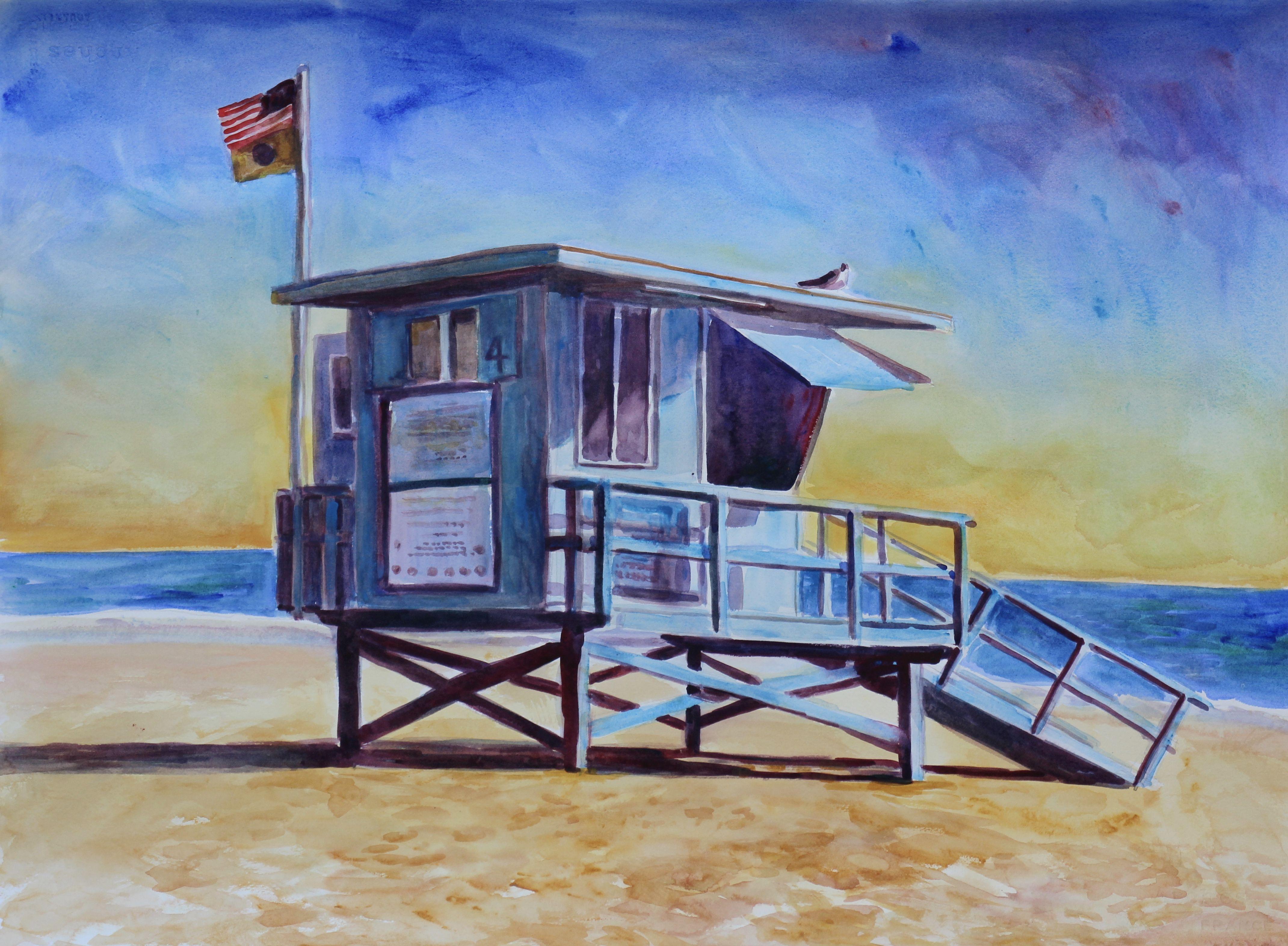 Lifeguard tower Zuma Beach, Painting, Watercolor on Watercolor Paper - Art by John Kilduff