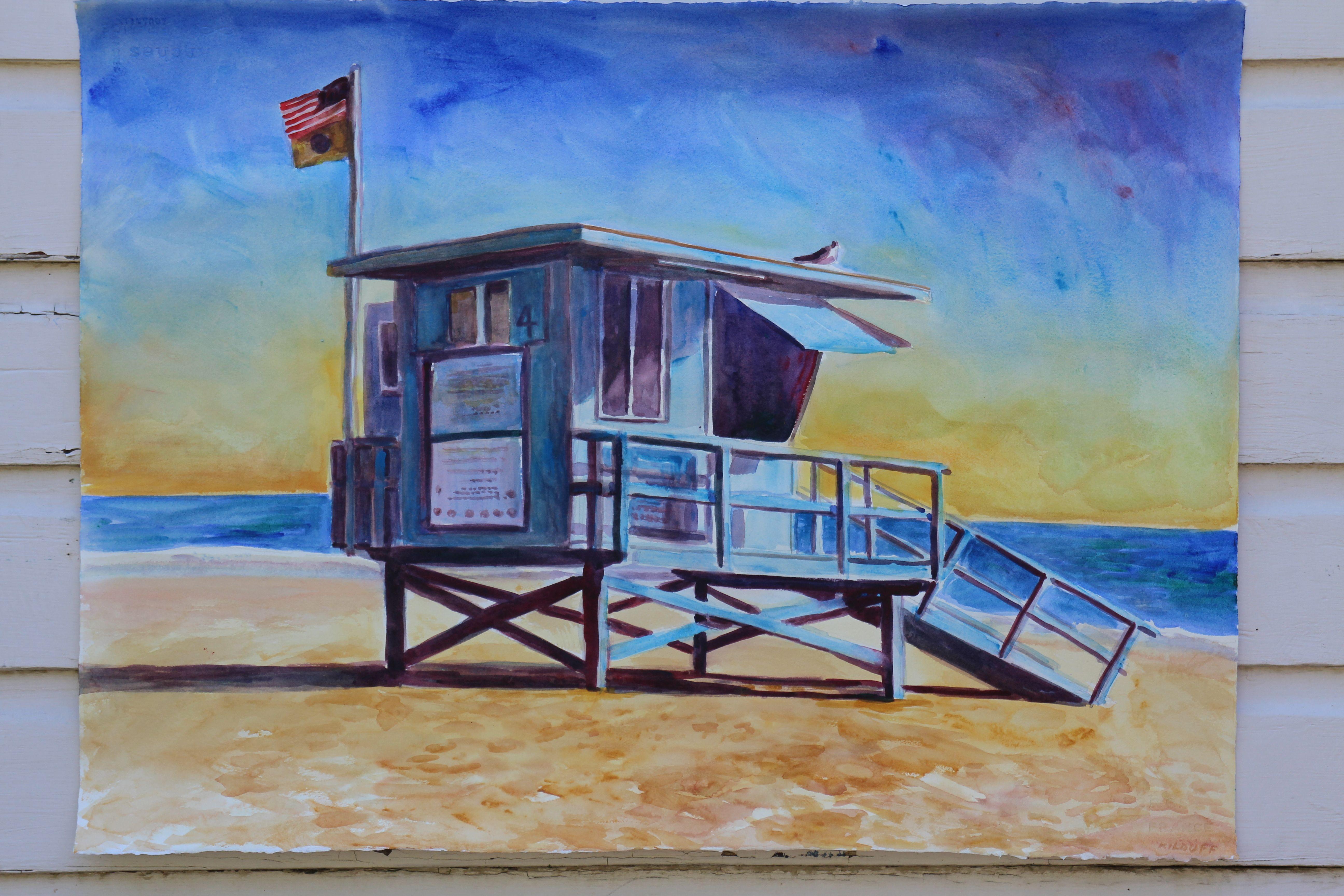 Lifeguard tower Zuma Beach, Painting, Watercolor on Watercolor Paper - Impressionist Art by John Kilduff