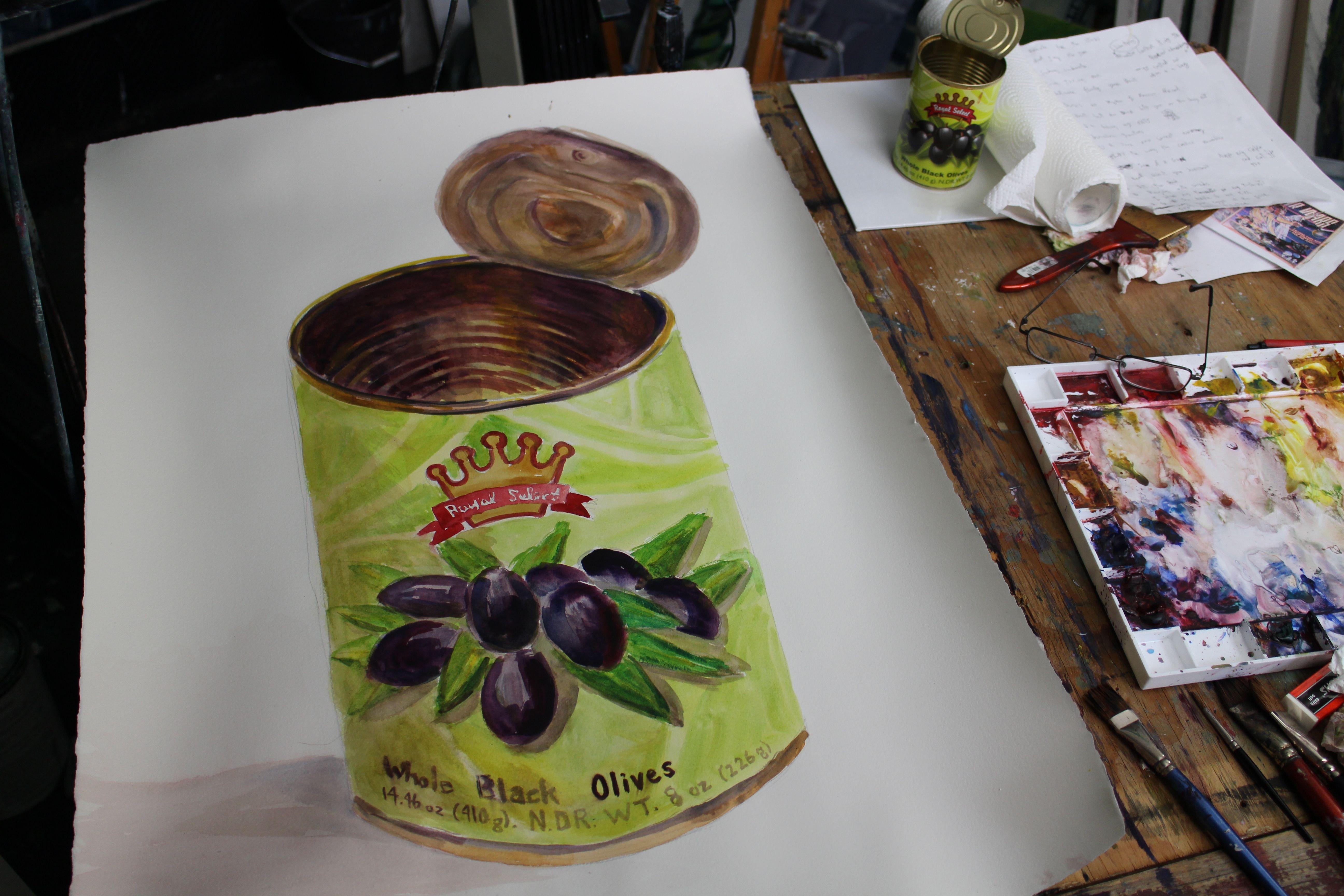 Nature morte d'une boîte d'olives noires entières. Peint sur une feuille entière ( 30