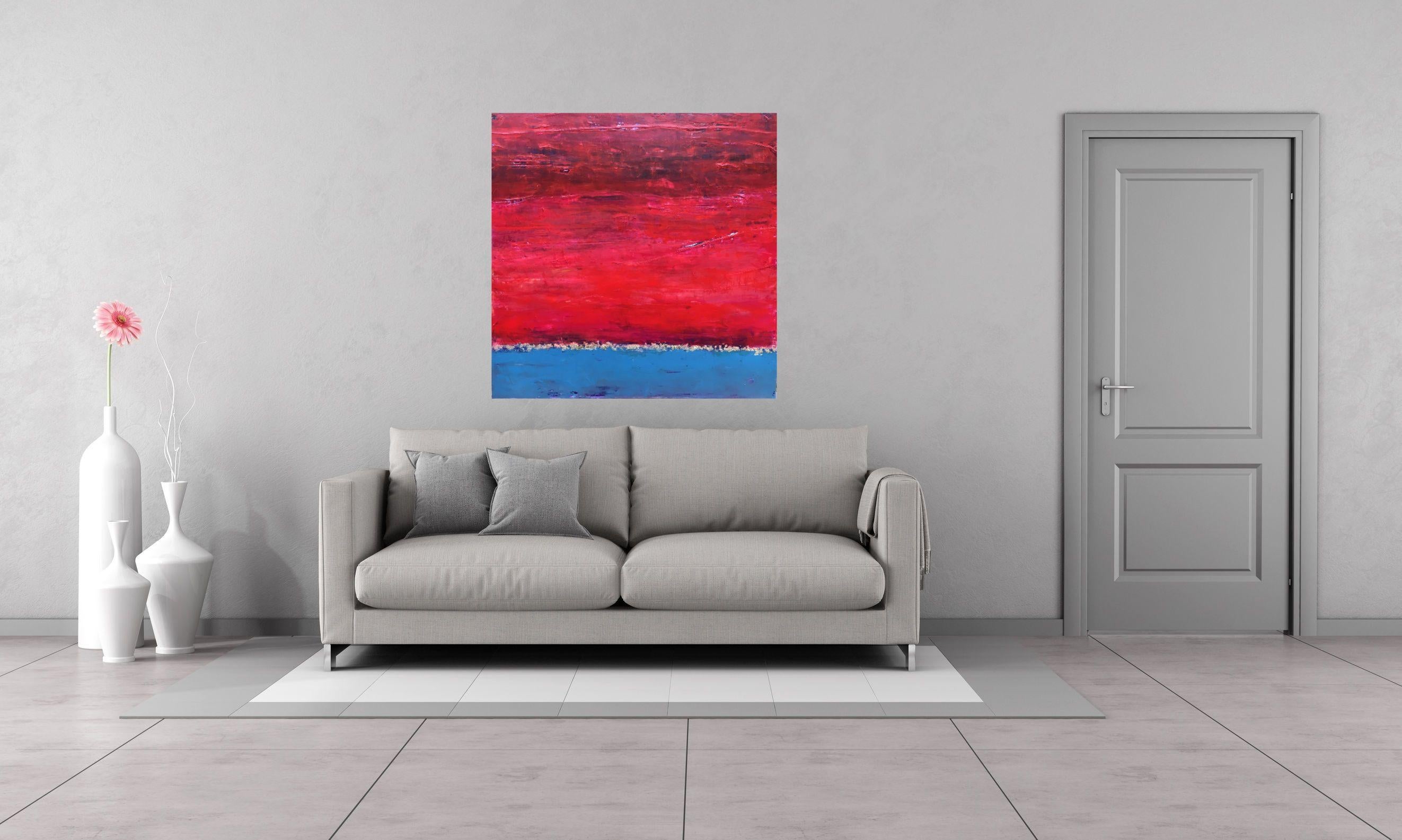 A large, multi layered oil painting with deep reds, purple and grey blue hues. Flecks of gold leaf add interest and sparkle. Inspired by mood rather than imagery. The painting has been built over many layers of oil paint with various degrees of