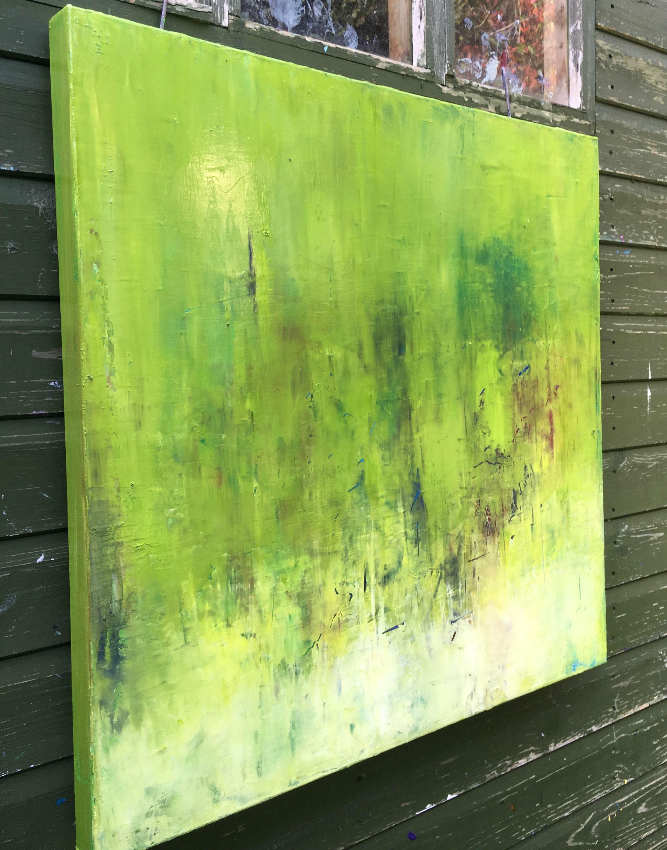 An abstract impasto oil painting built over many layers of olive green, yellow and white oil paint. Liquin has been added to the paint to add a slight gloss.     Paint has been manipulated with a palette knife distributing the oils, taking off
