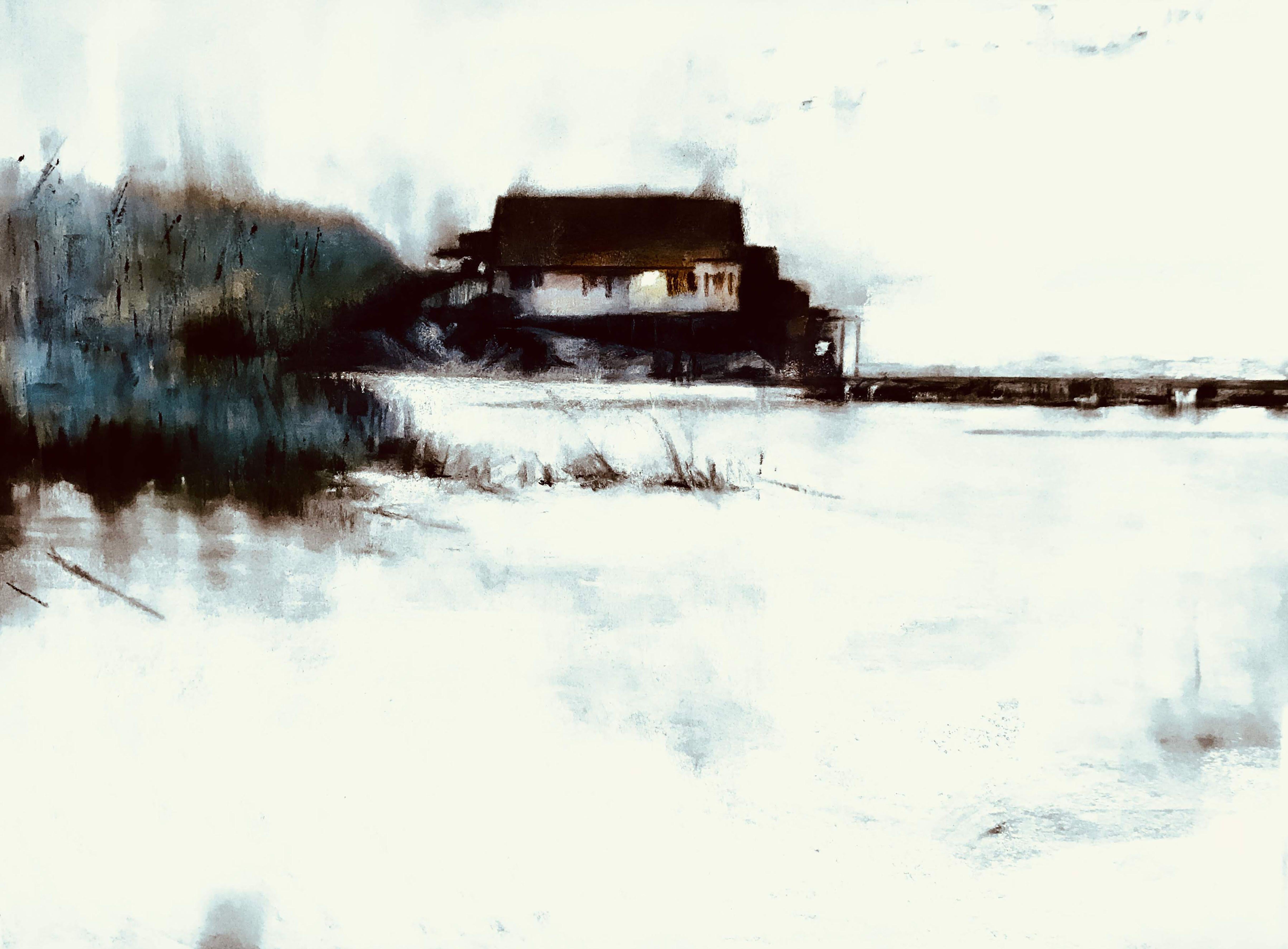 « House on a Hill », technique mixte sur papier aquarelle - Mixed Media Art de Mira  Vitarello