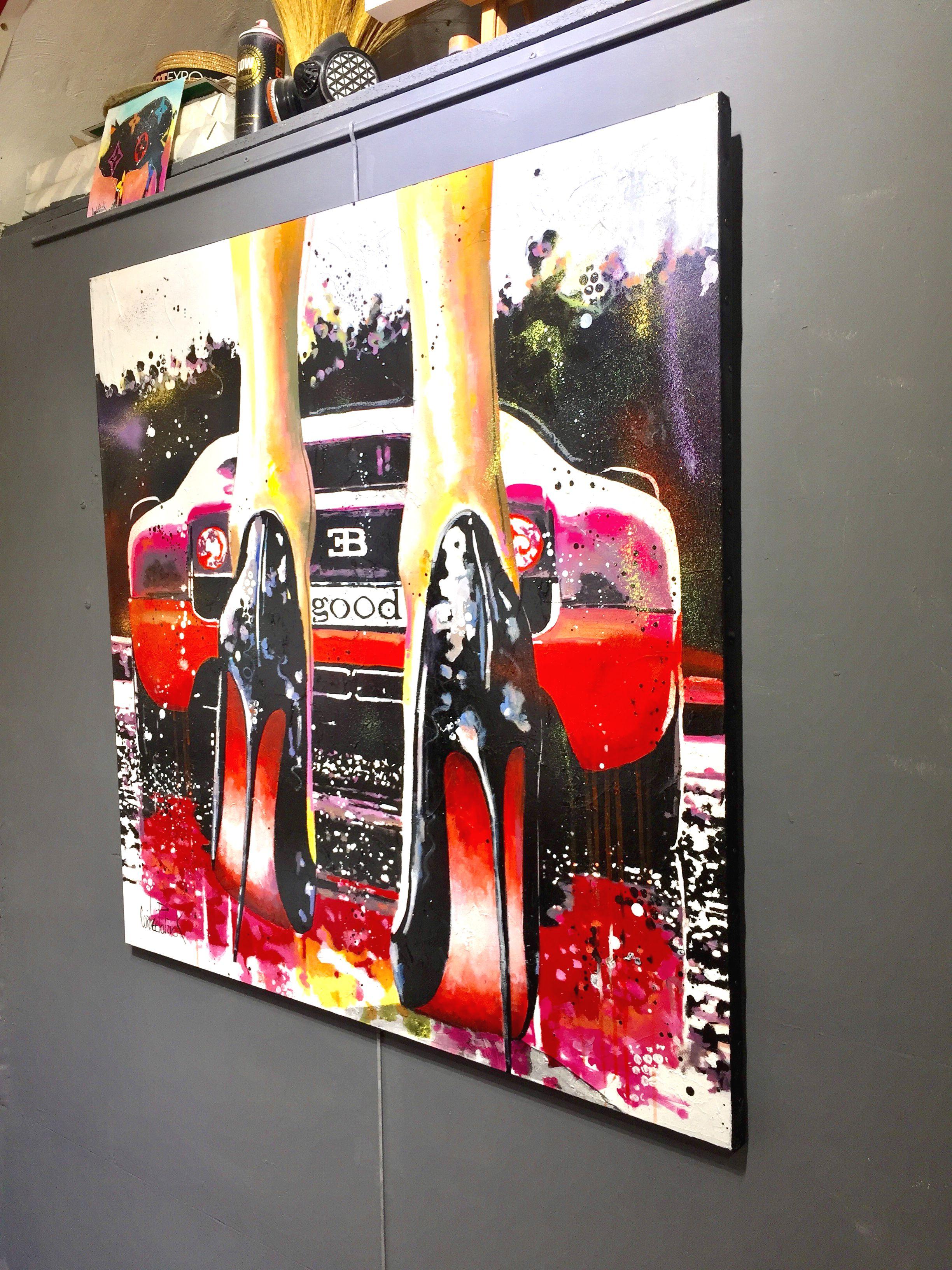 My Louboutins, my Bugatti Veyron and me  :: Painting :: Pop-Art :: This piece comes with an official certificate of authenticity signed by the artist :: Ready to Hang: Yes :: Signed: Yes :: Signature Location: at the bottom left :: Canvas ::