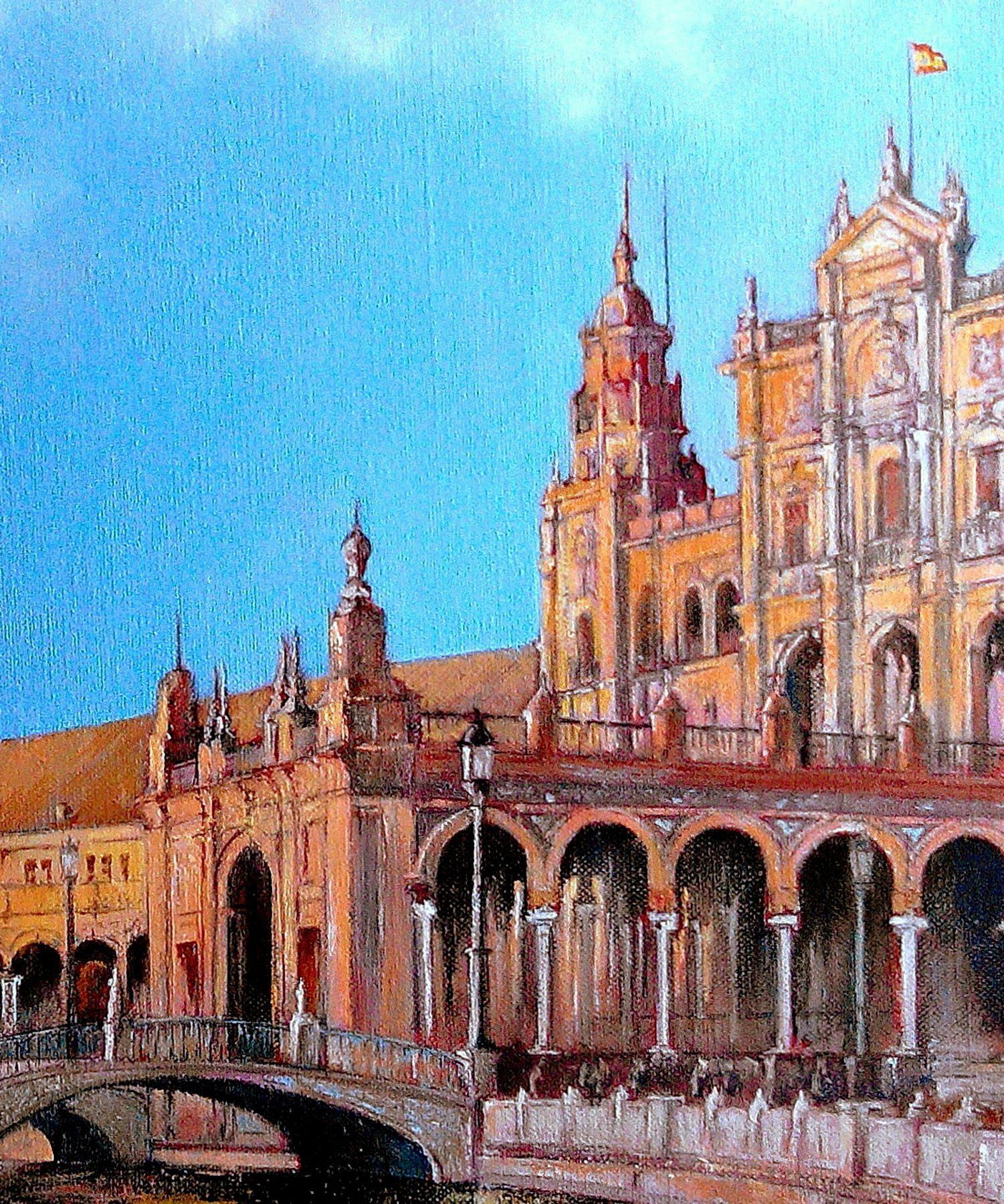 Spain Square in Seville :: Painting :: Realism :: This piece comes with an official certificate of authenticity signed by the artist :: Ready to Hang: Yes :: Signed: Yes :: Signature Location: to the right below :: Canvas :: Diagonal :: Original ::
