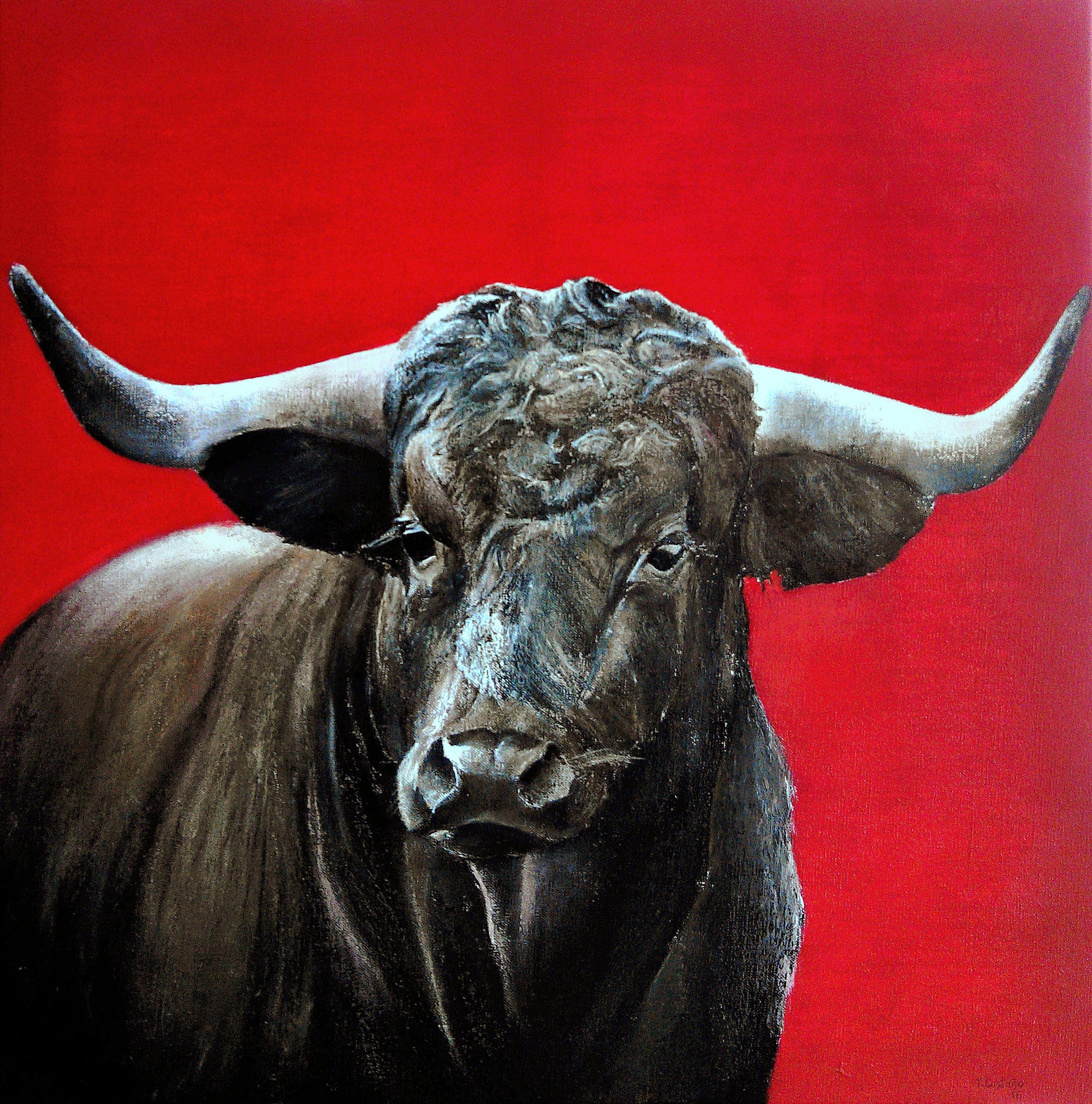 Brave bull on red color :: Painting :: Realism :: This piece comes with an official certificate of authenticity signed by the artist :: Ready to Hang: Yes :: Signed: Yes :: Signature Location: to the right below :: Canvas :: Diagonal :: Original ::