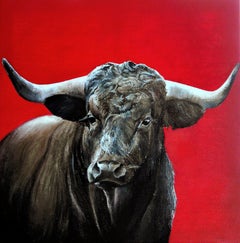 Brave bull  on red color, Painting, Oil on Canvas