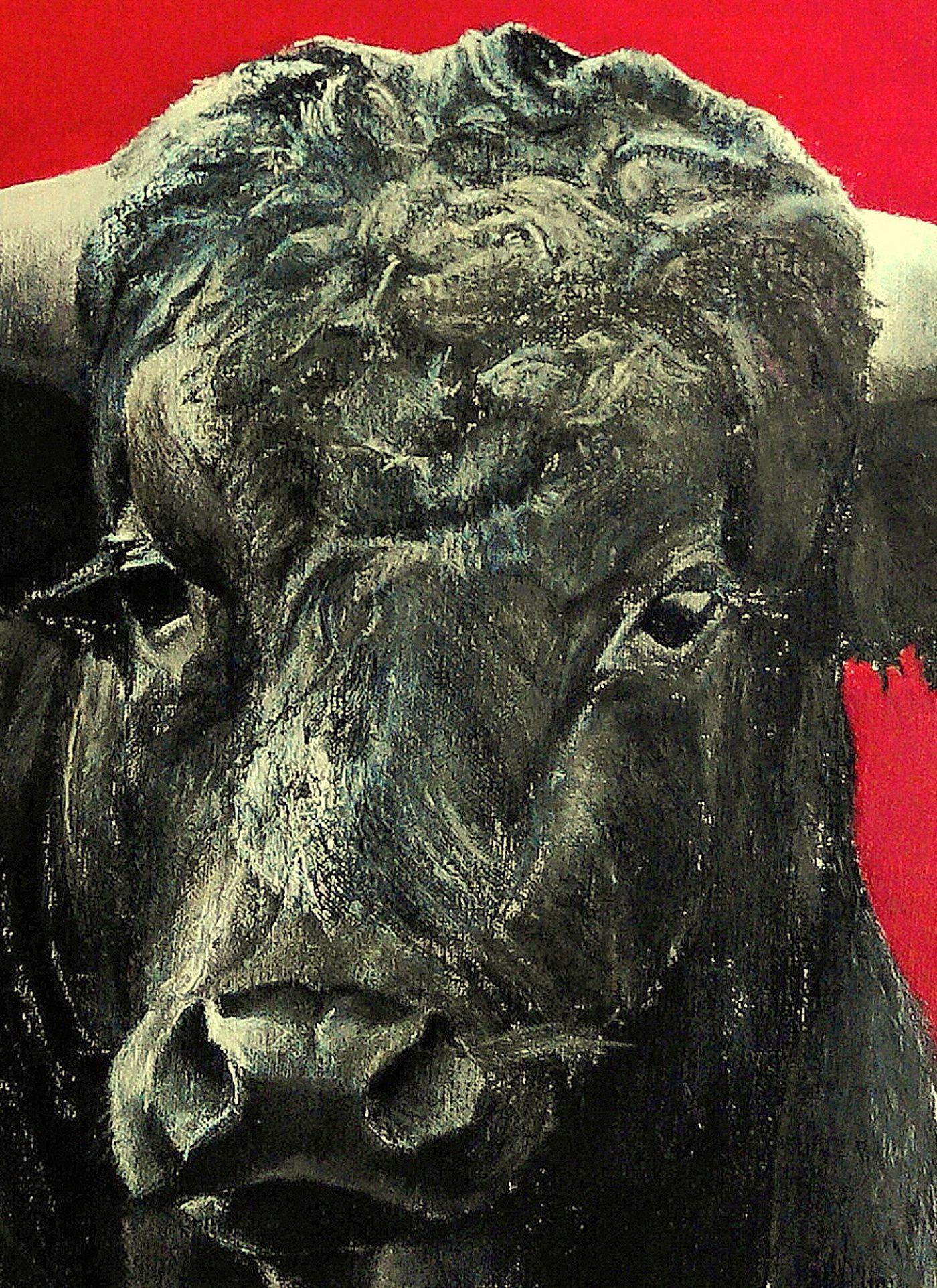 Brave bull  on red color, Painting, Oil on Canvas 1